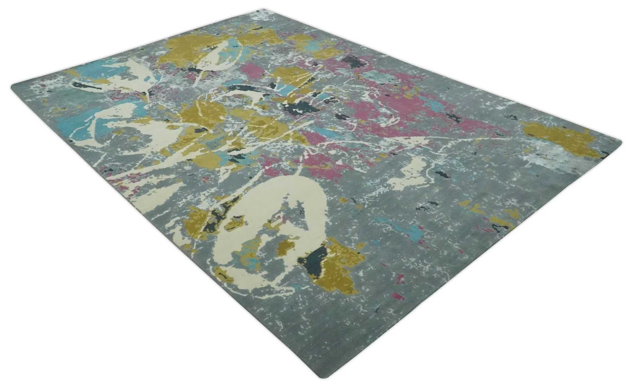 Vibrant Colorful Modern Abstract Gray, Olive, Purple and Ivory Hand knotted 10x14 and 12x15 wool Area Rug - Image 10
