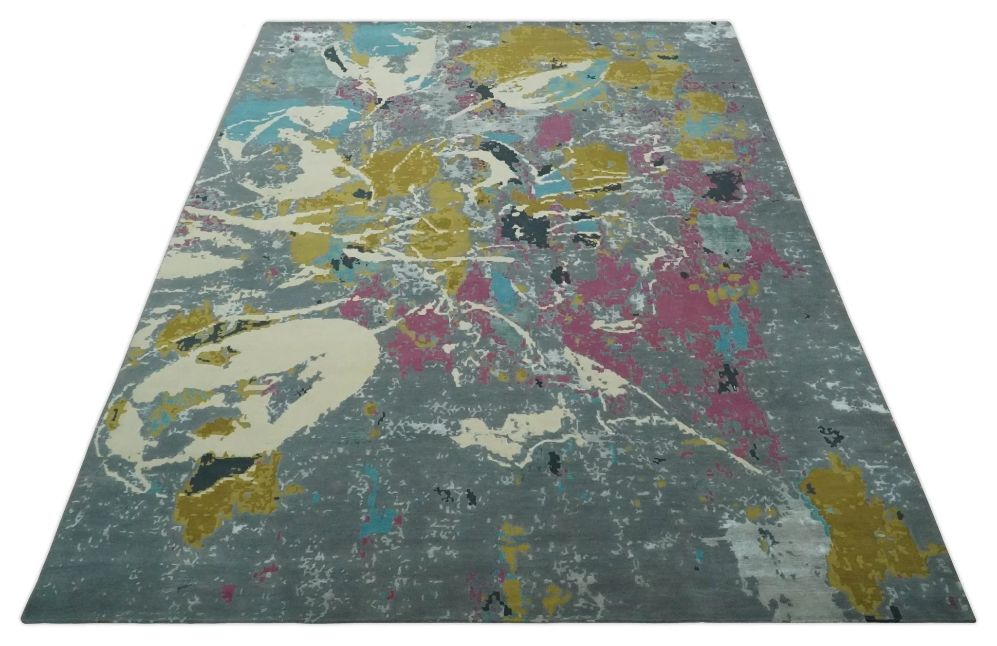 Vibrant Colorful Modern Abstract Gray, Olive, Purple and Ivory Hand knotted 10x14 and 12x15 wool Area Rug - Image 7
