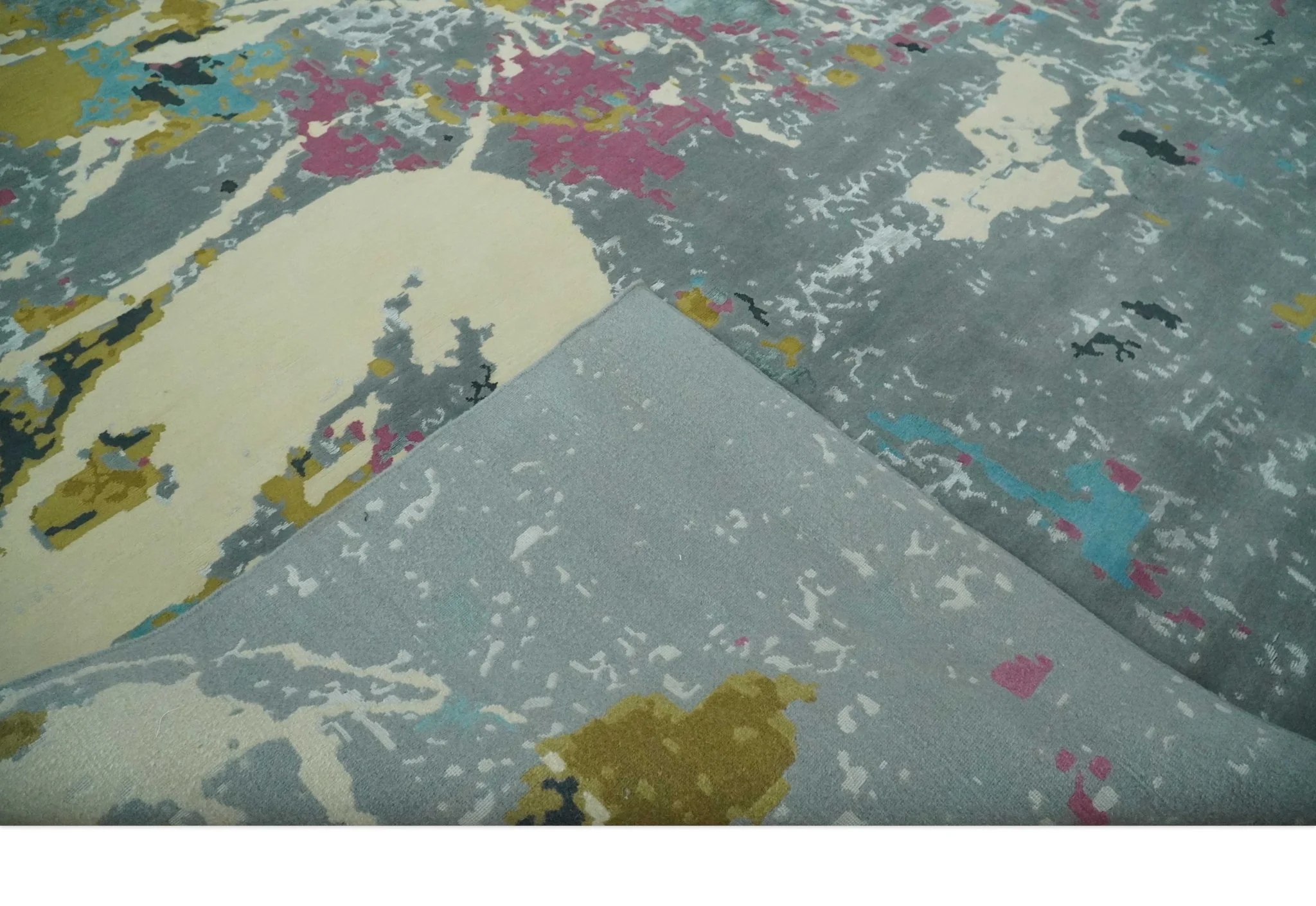 Vibrant Colorful Modern Abstract Gray, Olive, Purple and Ivory Hand knotted 10x14 and 12x15 wool Area Rug - Image 9