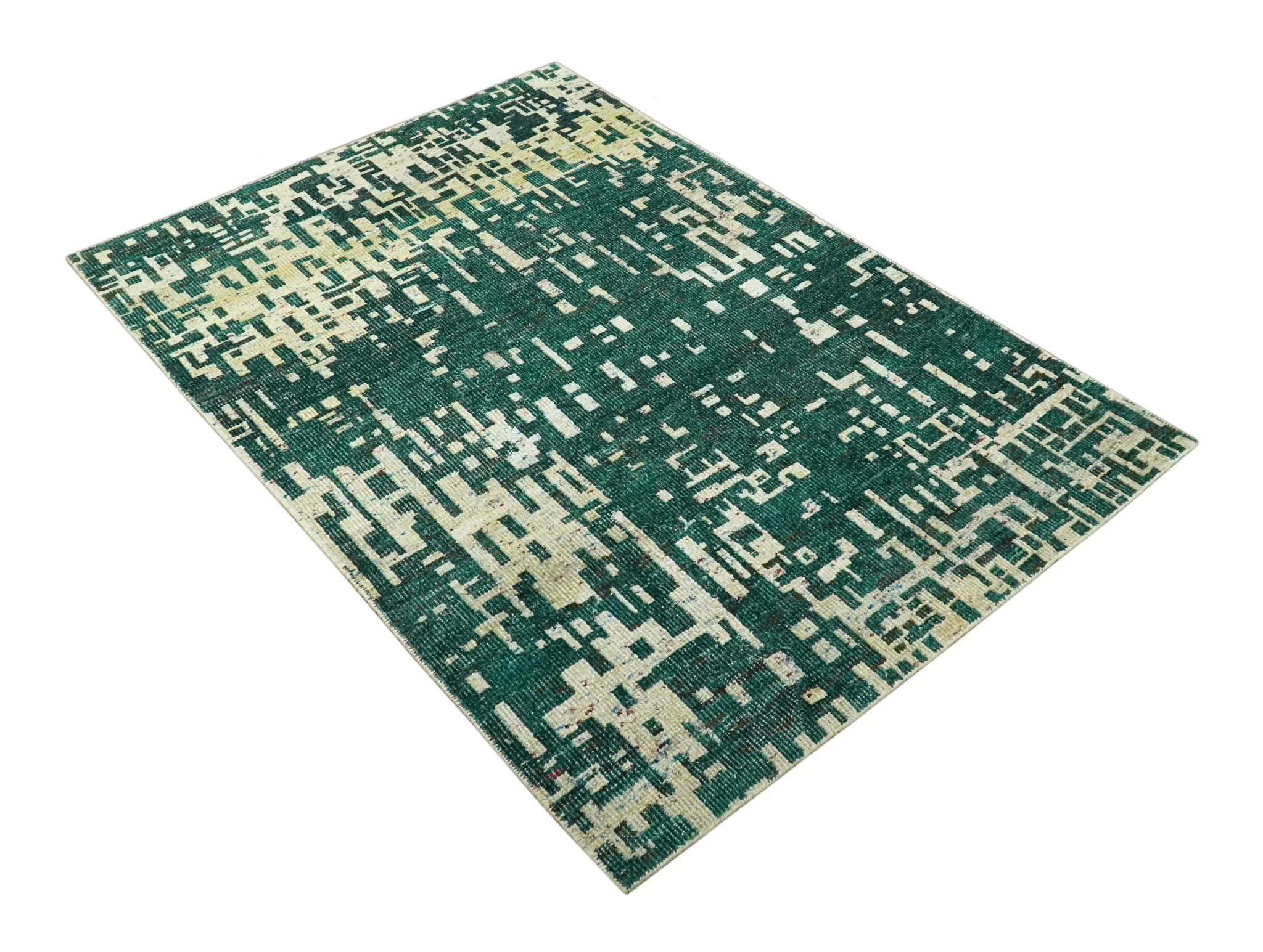 Modern Abstract 5x7.6 Hand Knotted Green and Beige Contemporary Recycled Silk Rug - Image 10