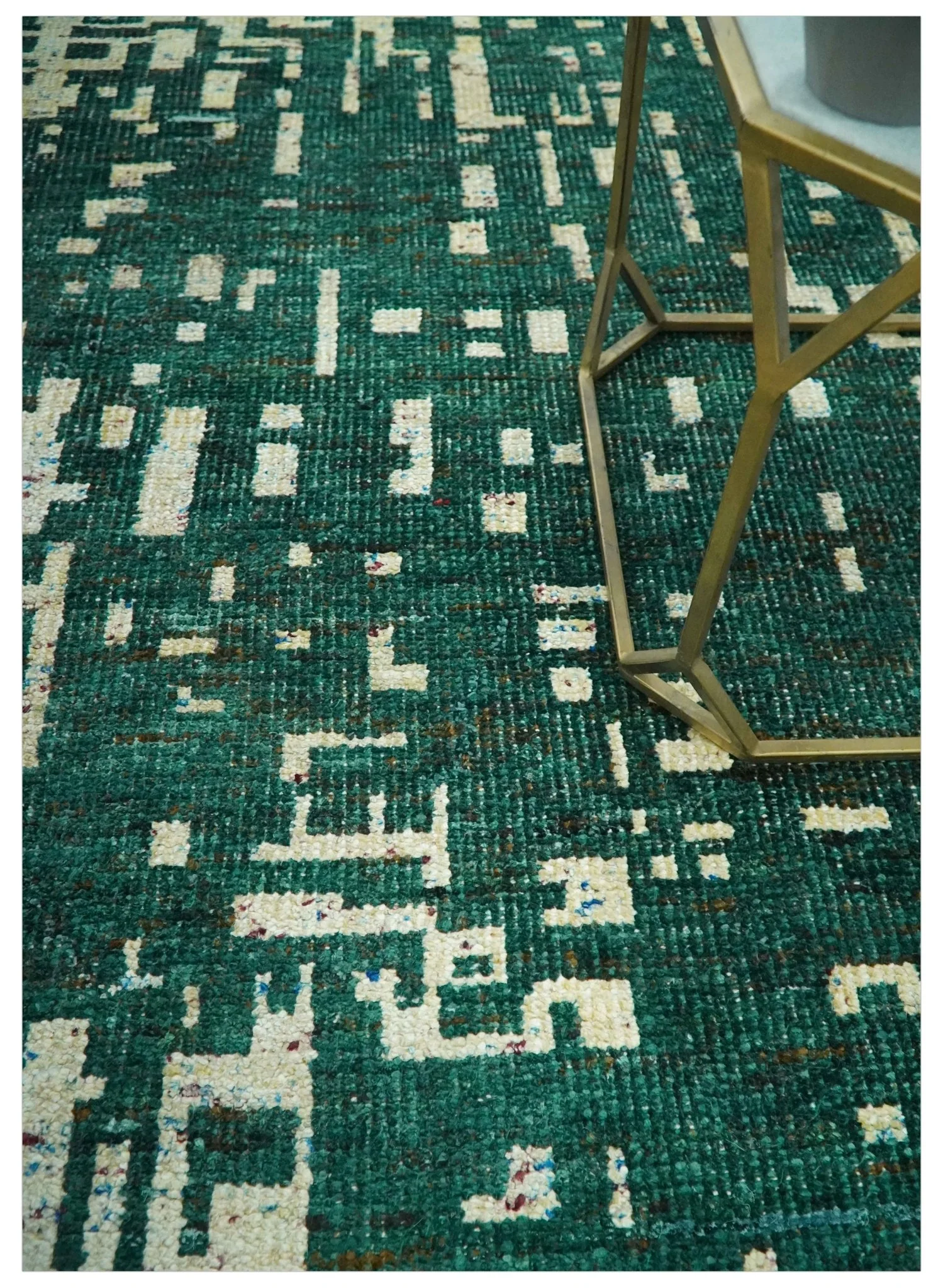 Modern Abstract 5x7.6 Hand Knotted Green and Beige Contemporary Recycled Silk Rug - Image 2