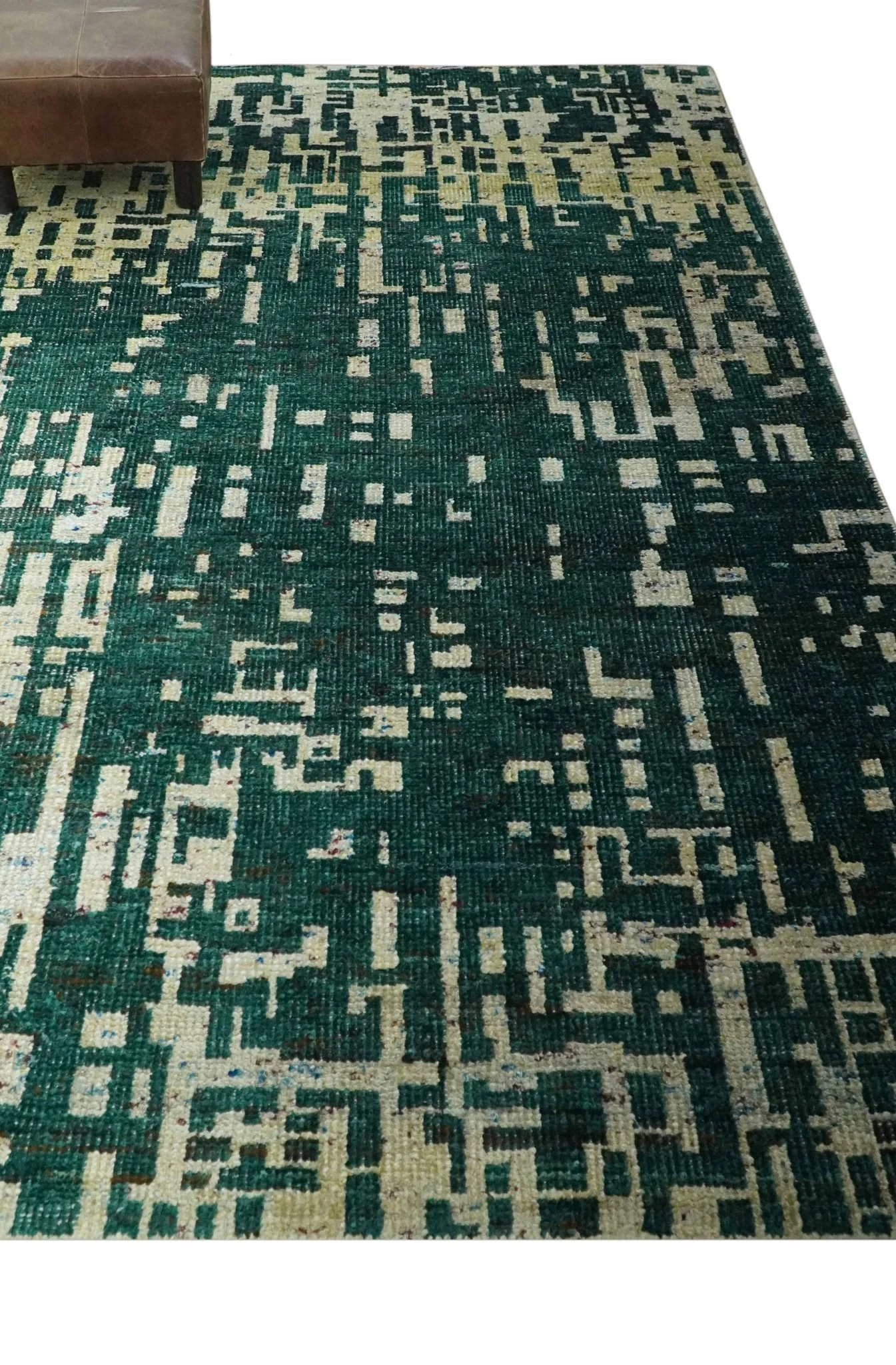 Modern Abstract 5x7.6 Hand Knotted Green and Beige Contemporary Recycled Silk Rug - Image 3