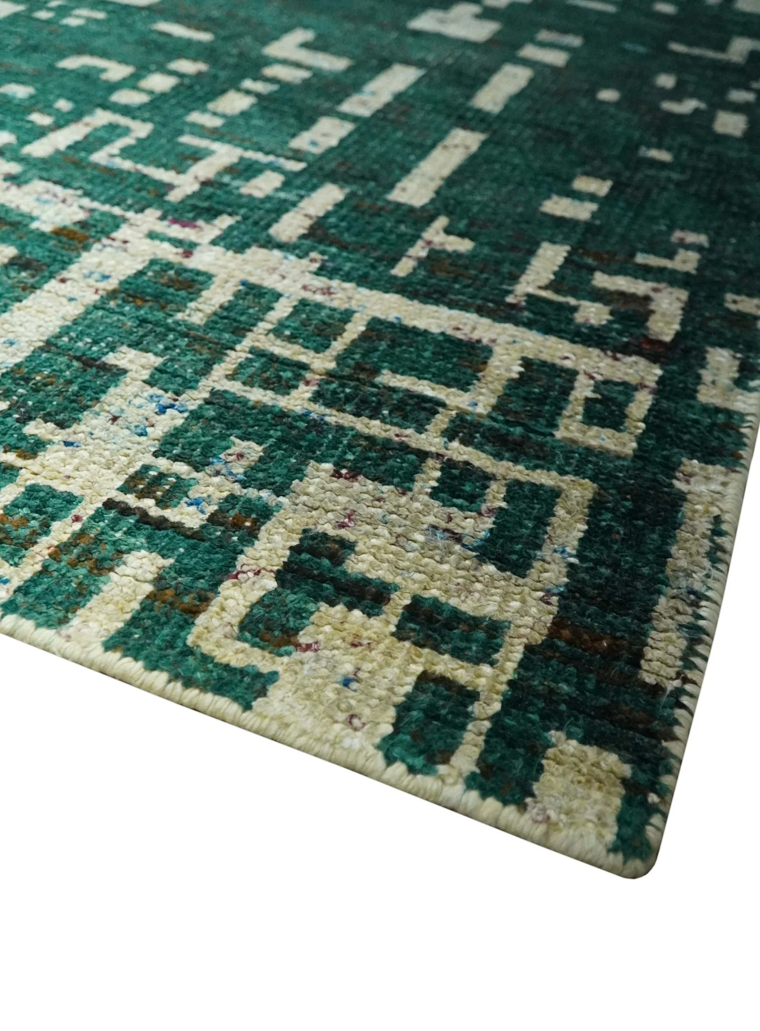 Modern Abstract 5x7.6 Hand Knotted Green and Beige Contemporary Recycled Silk Rug - Image 5