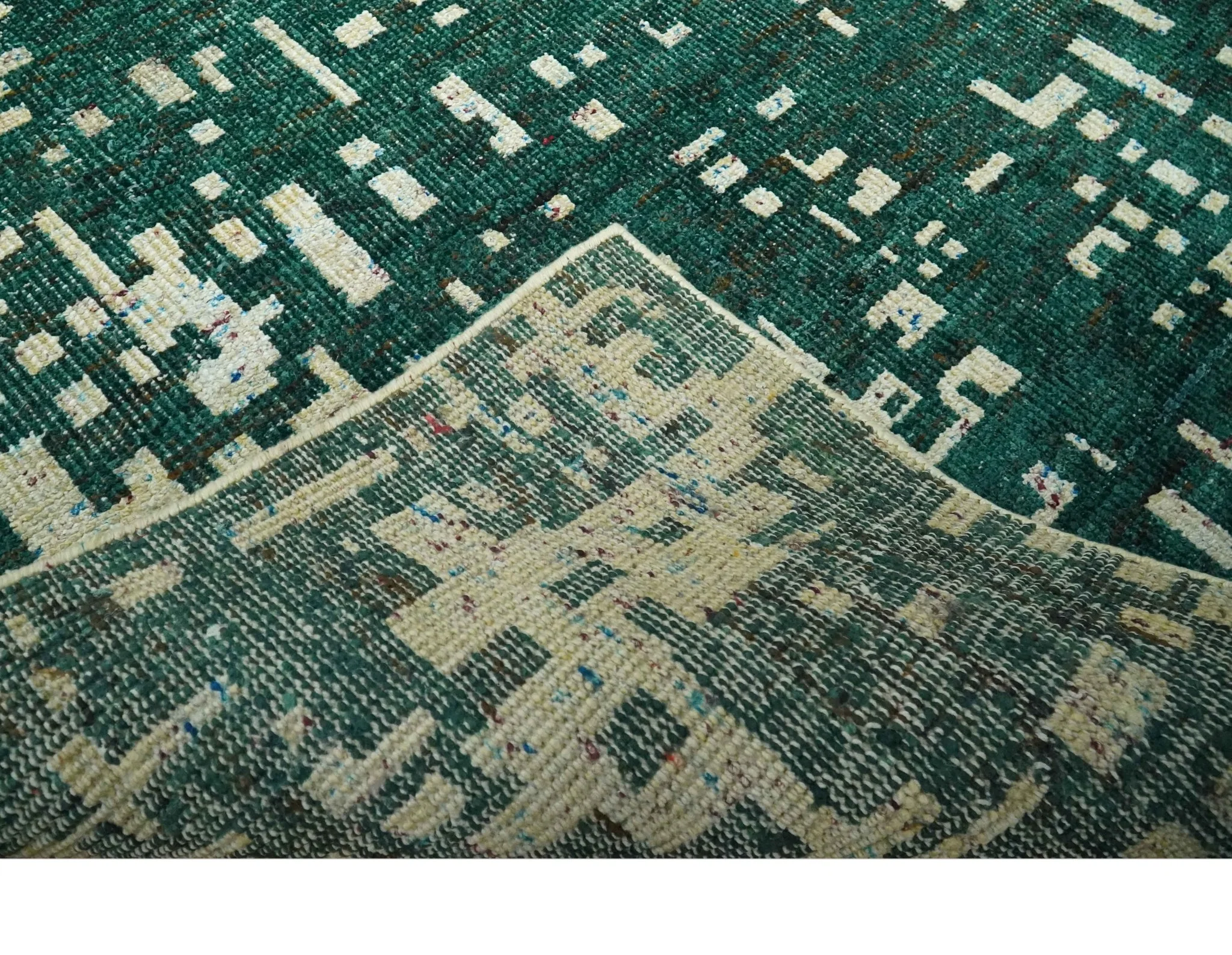 Modern Abstract 5x7.6 Hand Knotted Green and Beige Contemporary Recycled Silk Rug - Image 7