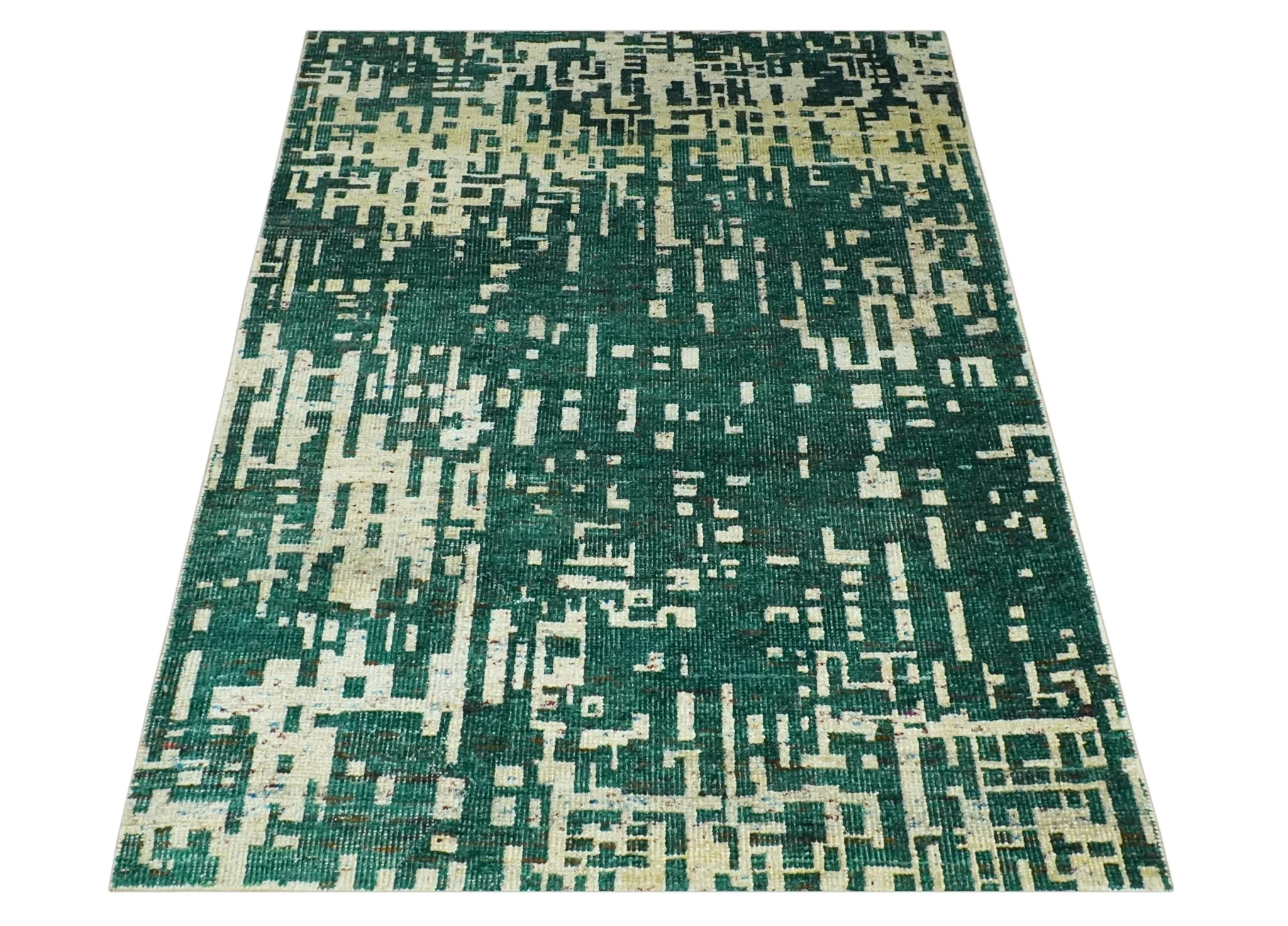 Modern Abstract 5x7.6 Hand Knotted Green and Beige Contemporary Recycled Silk Rug - Image 9
