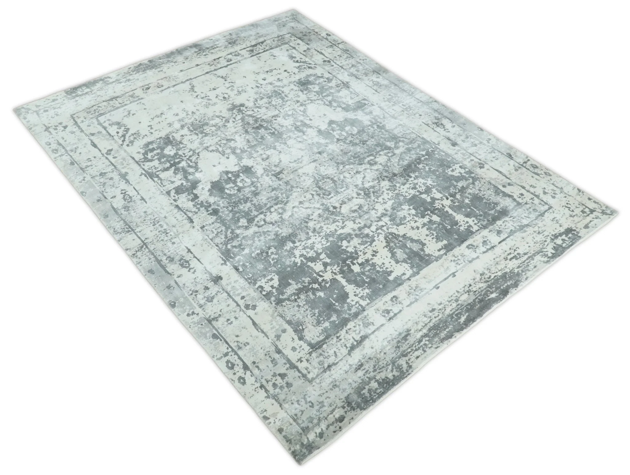 Handmade 7.10x9.9 Abstract Ivory and Gray Blended Wool and Bamboo Silk Area Rug - Image 10