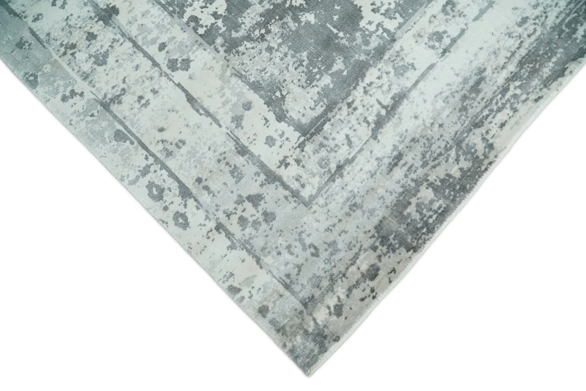 Handmade 7.10x9.9 Abstract Ivory and Gray Blended Wool and Bamboo Silk Area Rug - Image 5