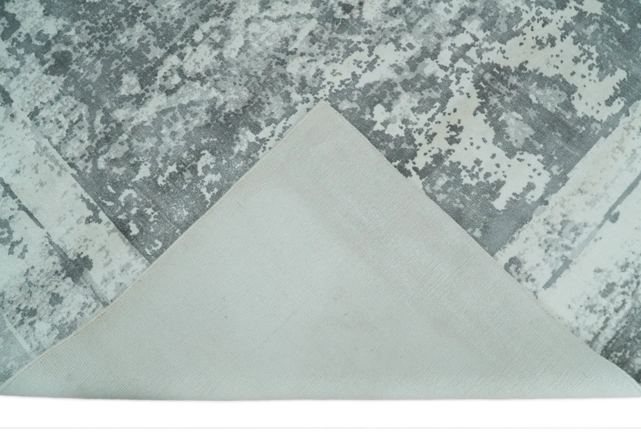 Handmade 7.10x9.9 Abstract Ivory and Gray Blended Wool and Bamboo Silk Area Rug - Image 8