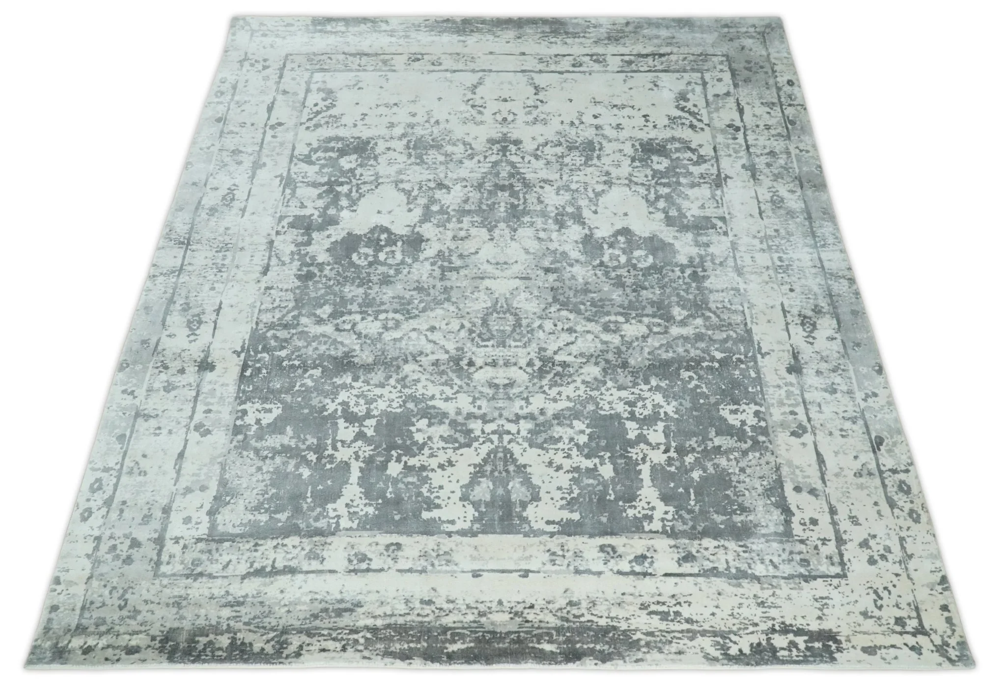 Handmade 7.10x9.9 Abstract Ivory and Gray Blended Wool and Bamboo Silk Area Rug - Image 9