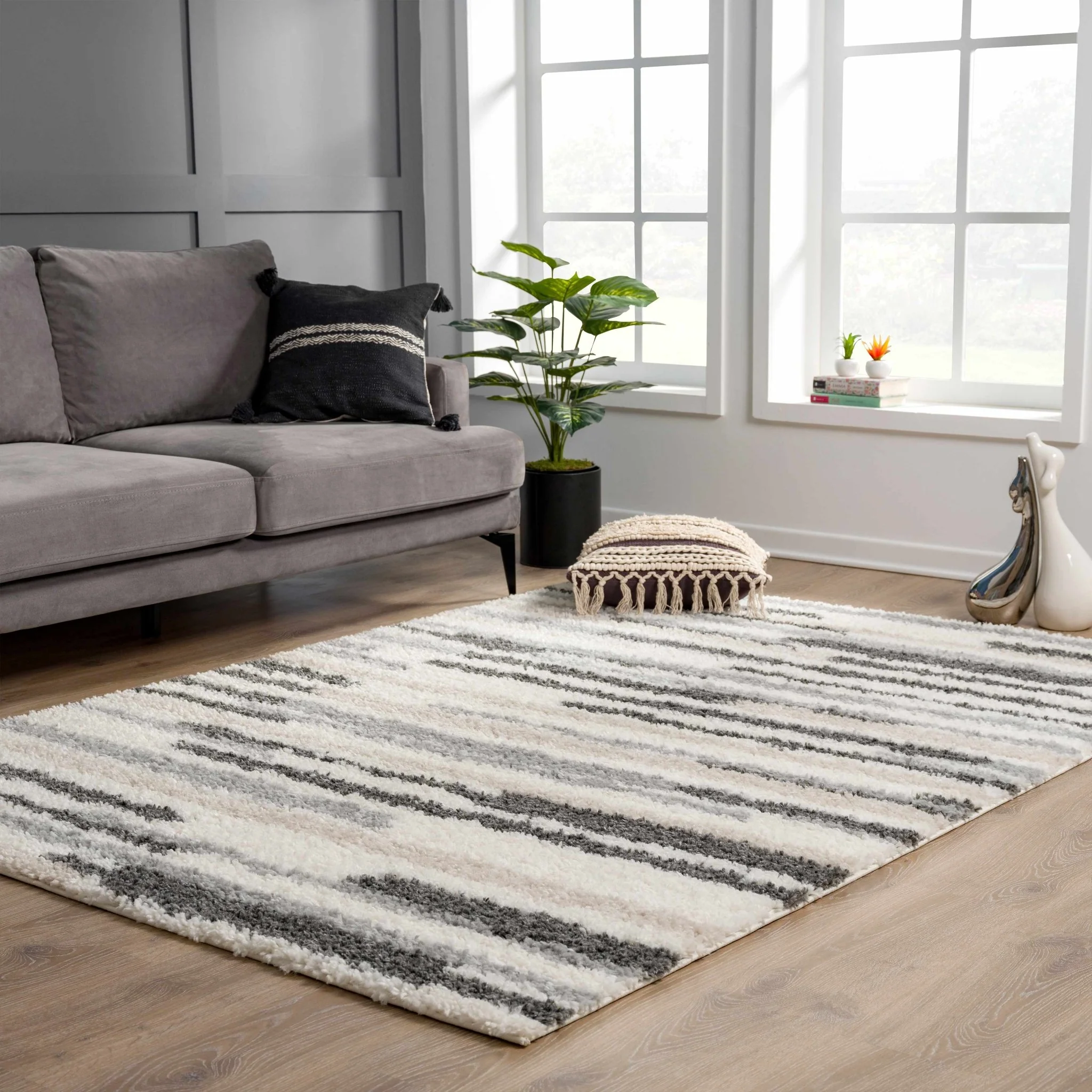 Modern Abstract Ivory, Beige, Gray and Black Plush pile Area Rug - Image 13