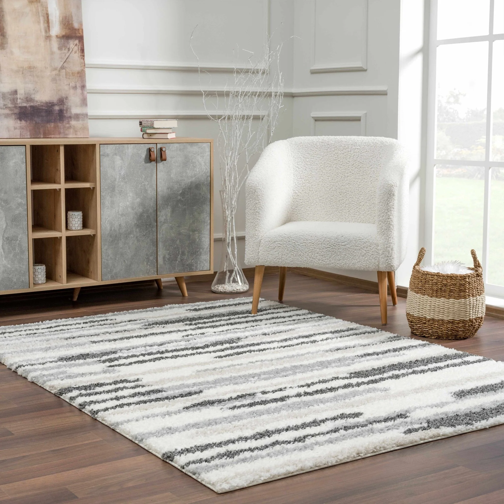 Modern Abstract Ivory, Beige, Gray and Black Plush pile Area Rug - Image 14