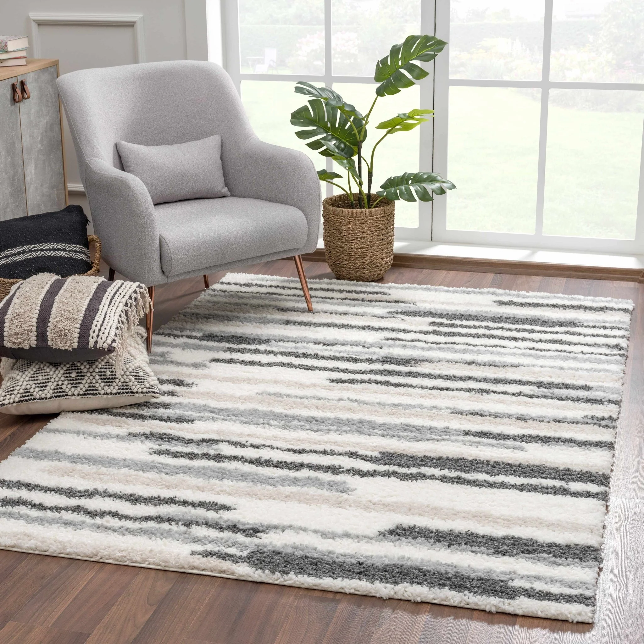 Modern Abstract Ivory, Beige, Gray and Black Plush pile Area Rug - Image 2