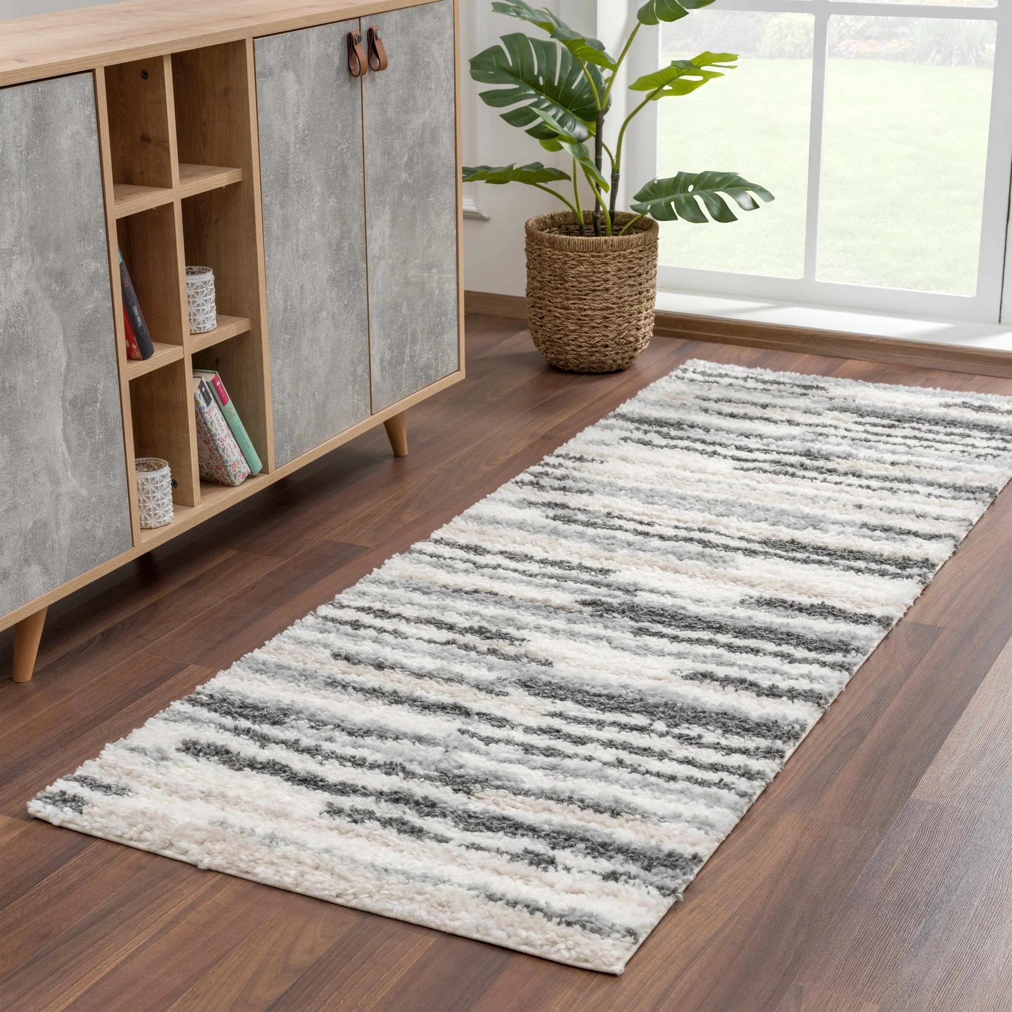 Modern Abstract Ivory, Beige, Gray and Black Plush pile Area Rug - Image 4