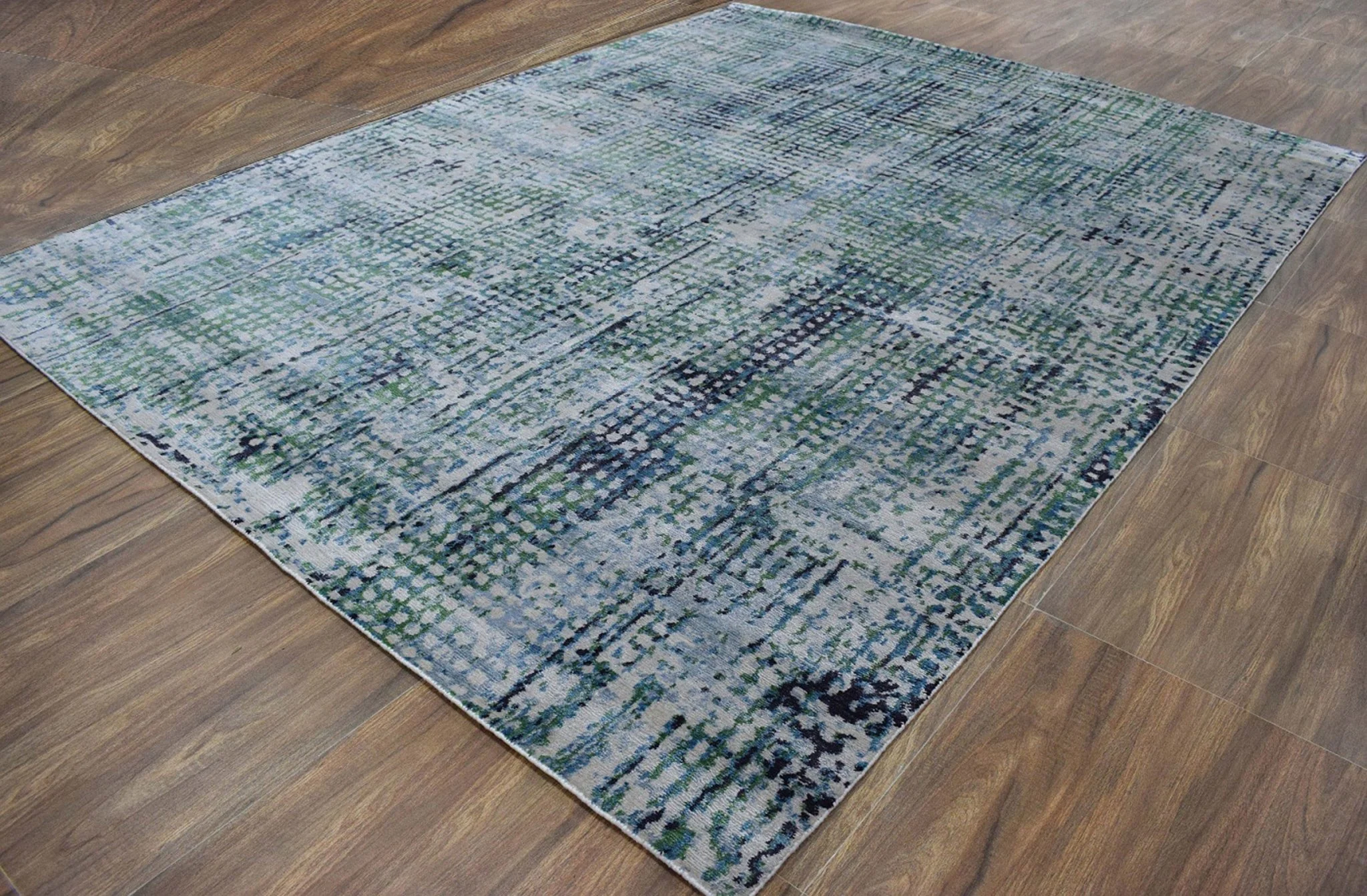 Abstract Ivory, Blue and Moss Green Fine Hand Knotted Art Silk Area Rug - Image 3