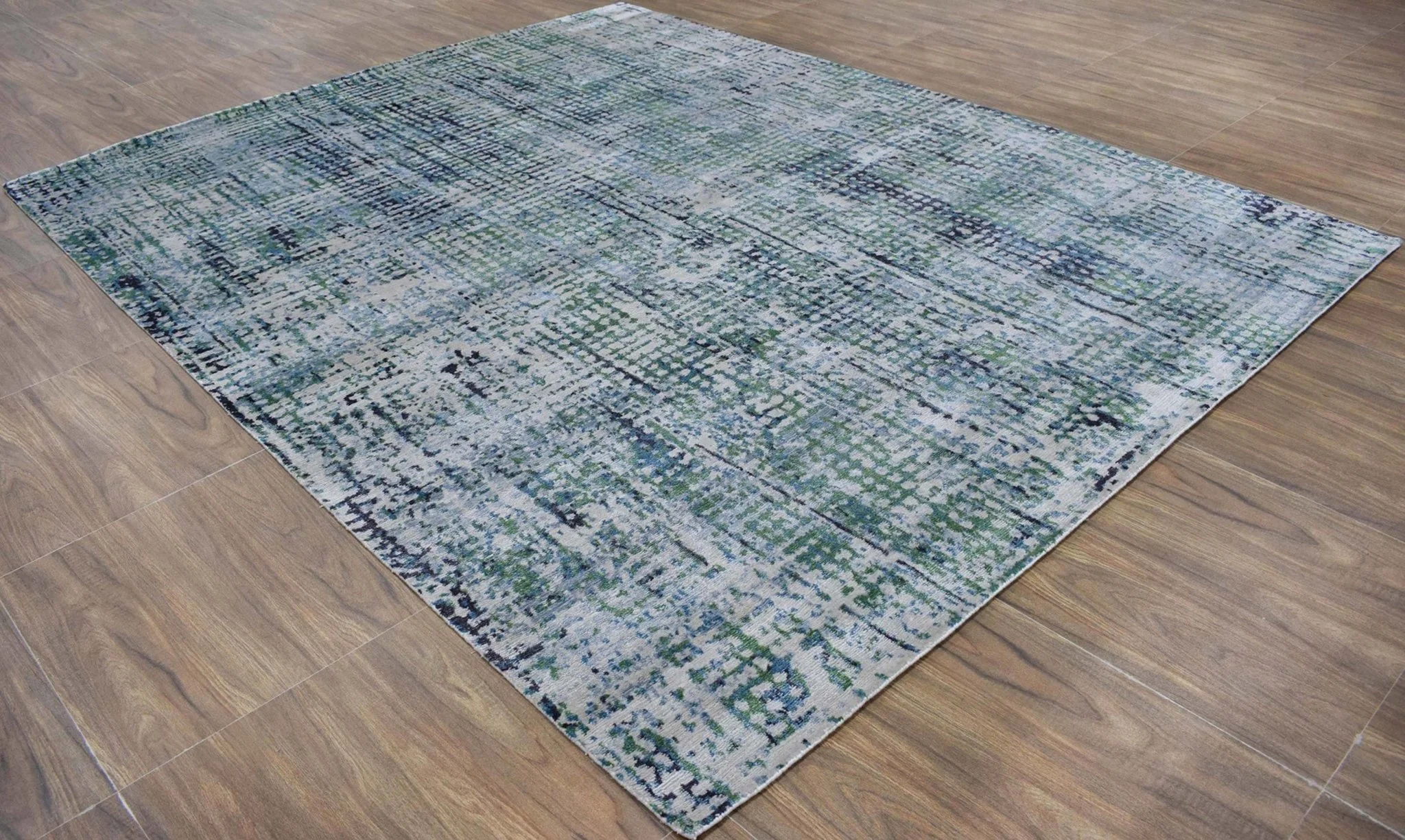 Abstract Ivory, Blue and Moss Green Fine Hand Knotted Art Silk Area Rug - Image 4