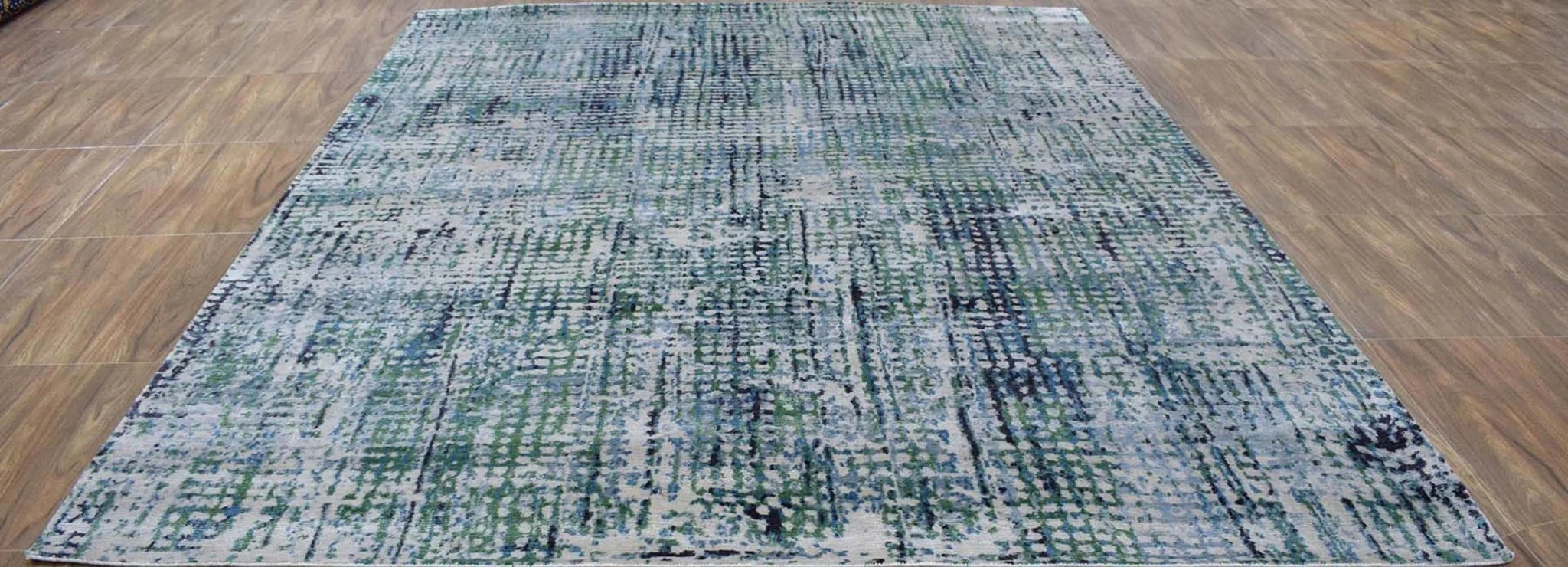 Abstract Ivory, Blue and Moss Green Fine Hand Knotted Art Silk Area Rug - Image 5