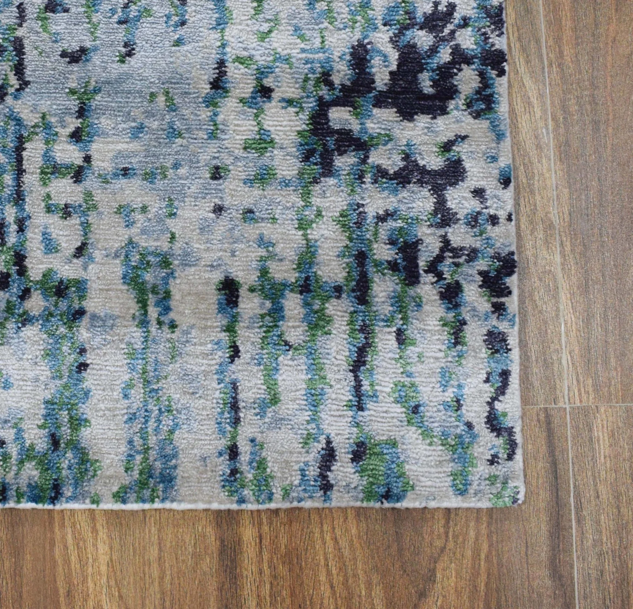 Abstract Ivory, Blue and Moss Green Fine Hand Knotted Art Silk Area Rug - Image 6