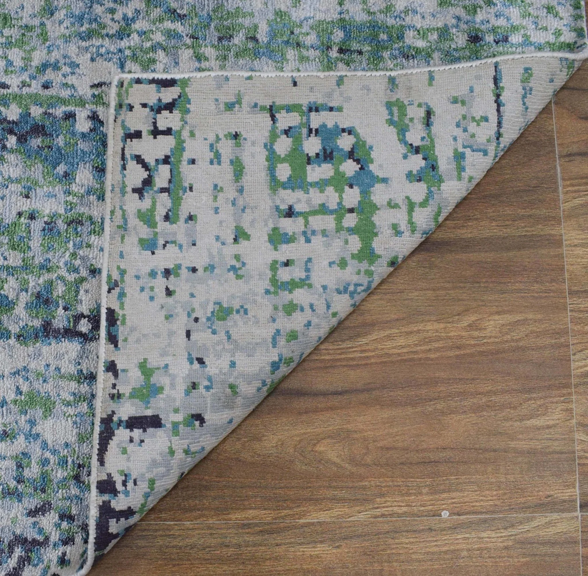 Abstract Ivory, Blue and Moss Green Fine Hand Knotted Art Silk Area Rug - Image 7