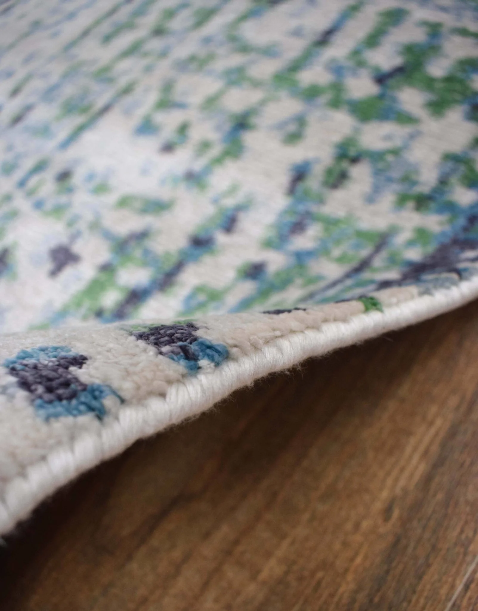 Abstract Ivory, Blue and Moss Green Fine Hand Knotted Art Silk Area Rug - Image 8