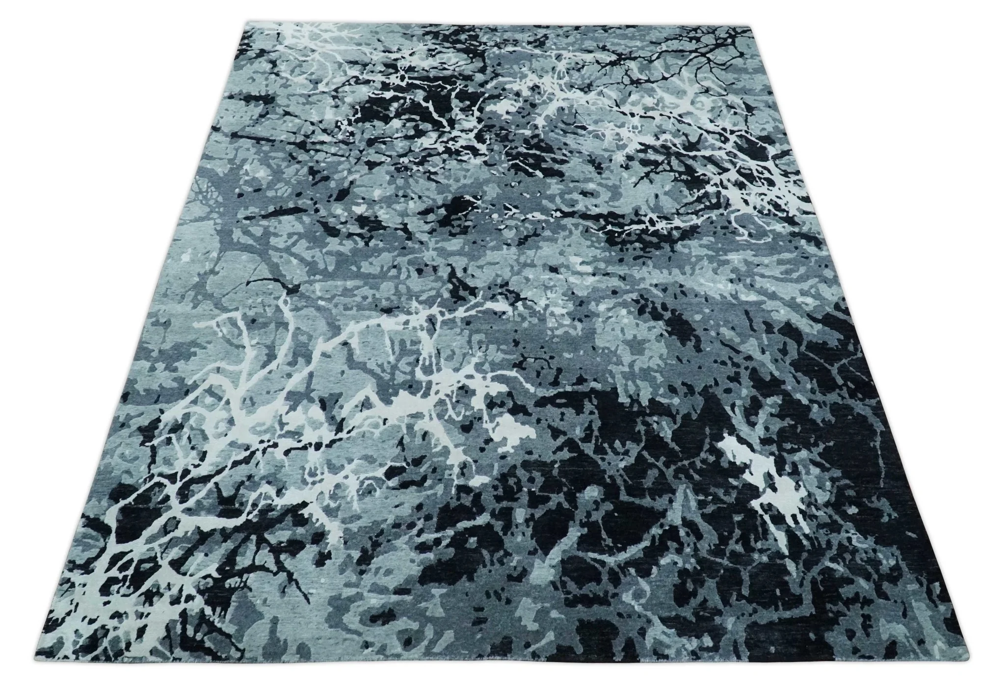Modern Abstract Hand Knotted 8x10 Ivory, Gray, Charcoal and Black  Wool and Blended Silk Area Rug - Image 10