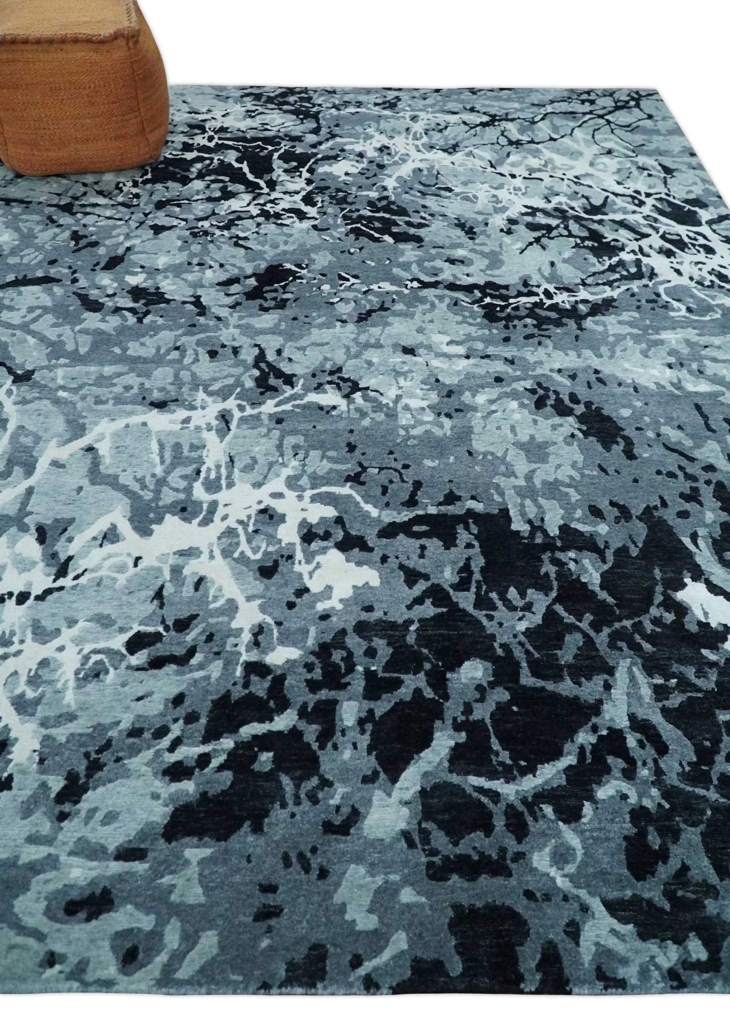 Modern Abstract Hand Knotted 8x10 Ivory, Gray, Charcoal and Black  Wool and Blended Silk Area Rug - Image 3