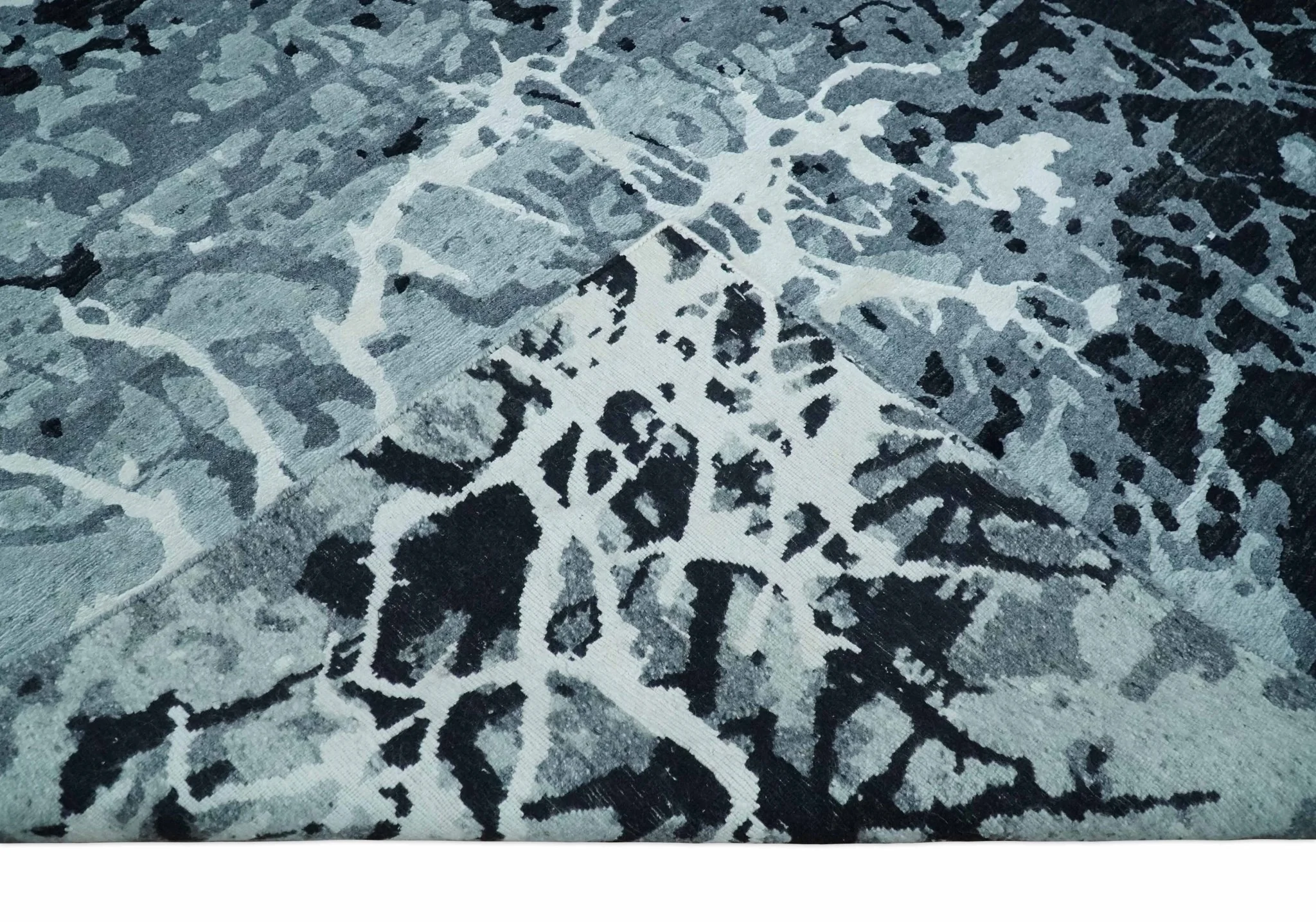 Modern Abstract Hand Knotted 8x10 Ivory, Gray, Charcoal and Black  Wool and Blended Silk Area Rug - Image 7