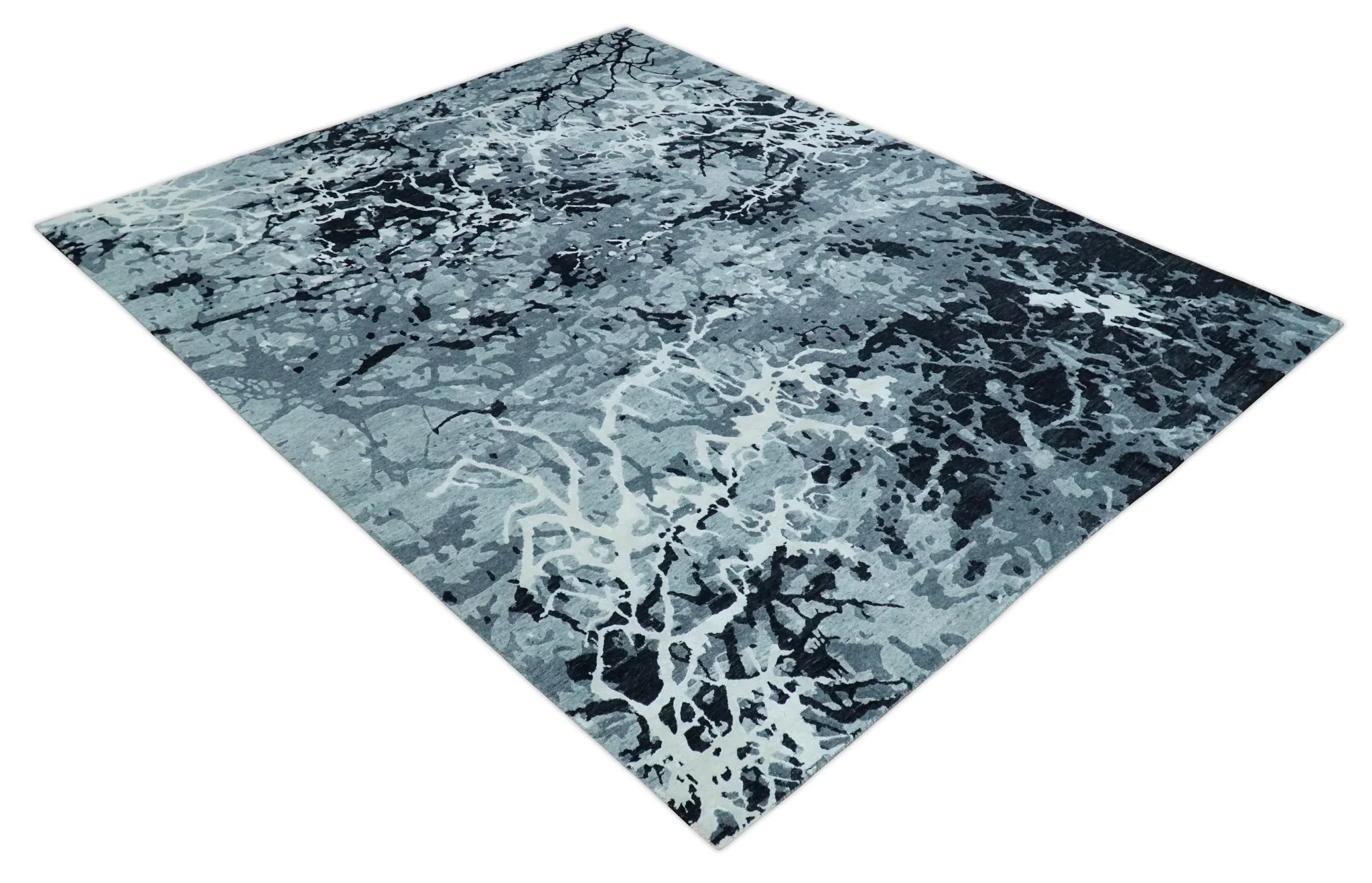 Modern Abstract Hand Knotted 8x10 Ivory, Gray, Charcoal and Black  Wool and Blended Silk Area Rug - Image 9