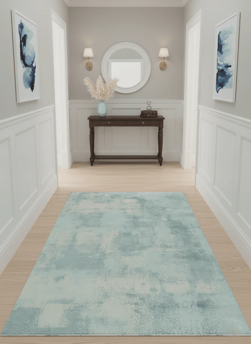 Modern Abstract Light Blue, Beige and Gray Hand loom 5x8 wool and Viscose Area Rug - Image 2