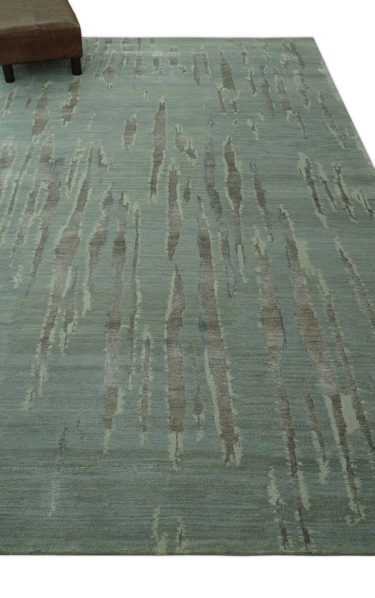 Modern Abstract Light Green, Gray and Silver Hand loom 6x9 wool and Bamboo Silk area Rug - Image 3