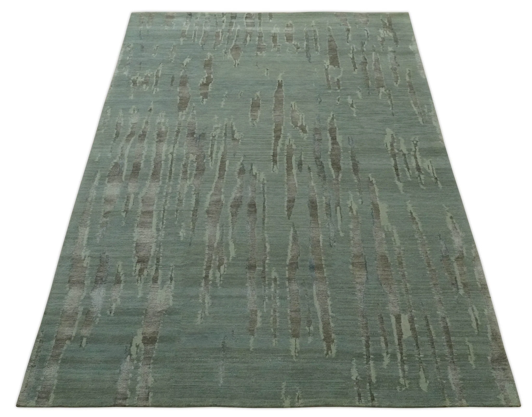 Modern Abstract Light Green, Gray and Silver Hand loom 6x9 wool and Bamboo Silk area Rug - Image 9