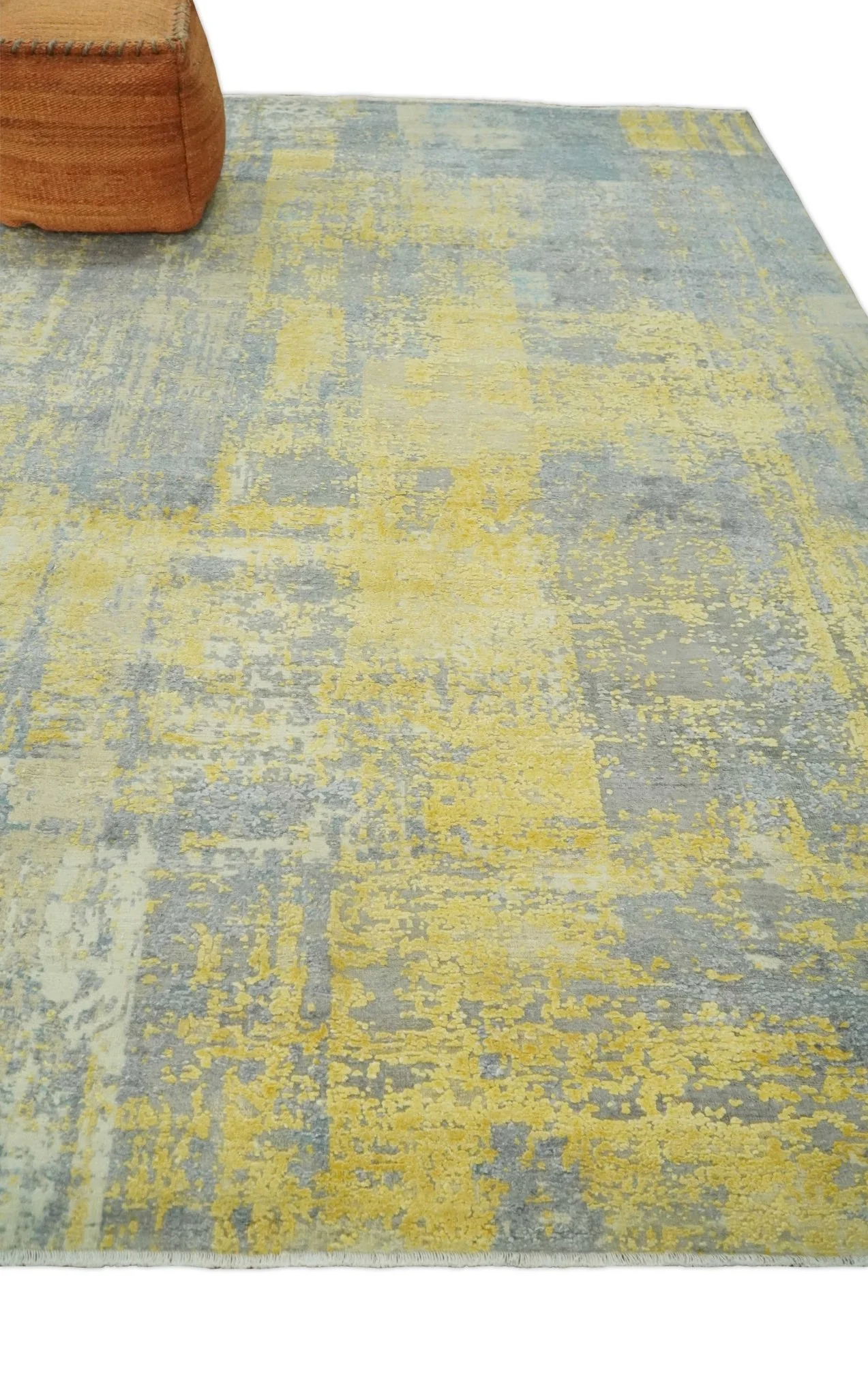 Modern Abstract Mustard, Gray, Teal and Ivory texture Hand Knotted 8x10 wool and Art Silk area rug - Image 10
