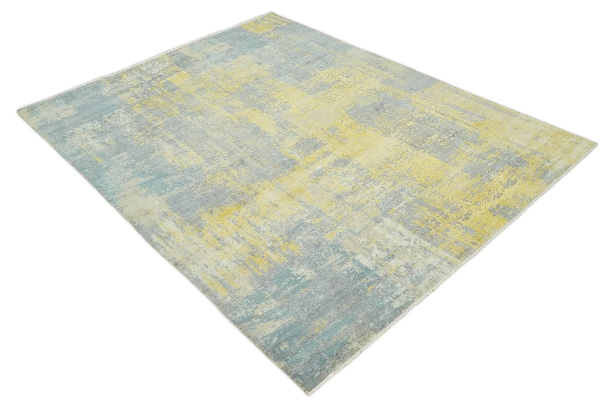 Modern Abstract Mustard, Gray, Teal and Ivory texture Hand Knotted 8x10 wool and Art Silk area rug - Image 3