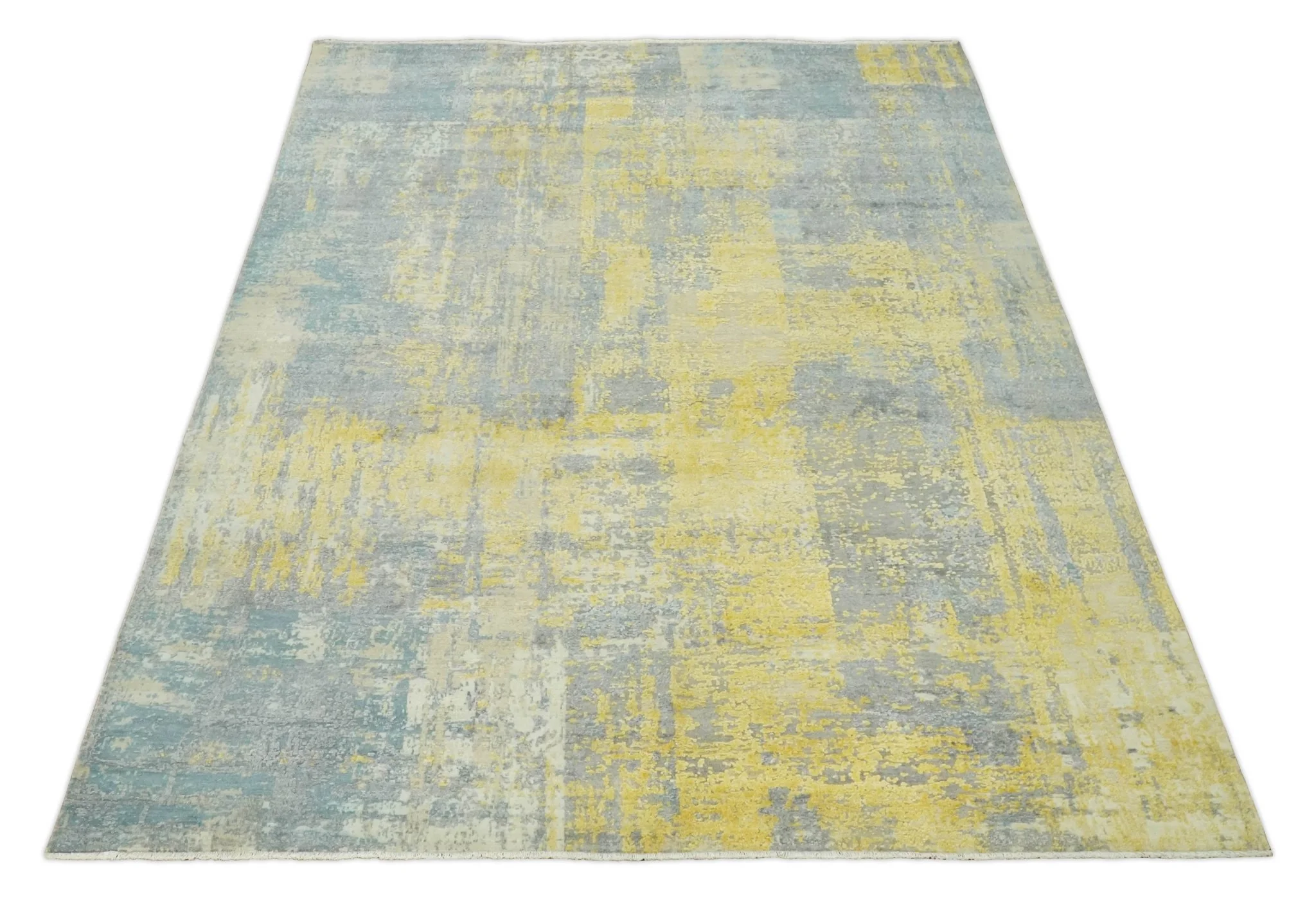 Modern Abstract Mustard, Gray, Teal and Ivory texture Hand Knotted 8x10 wool and Art Silk area rug - Image 4