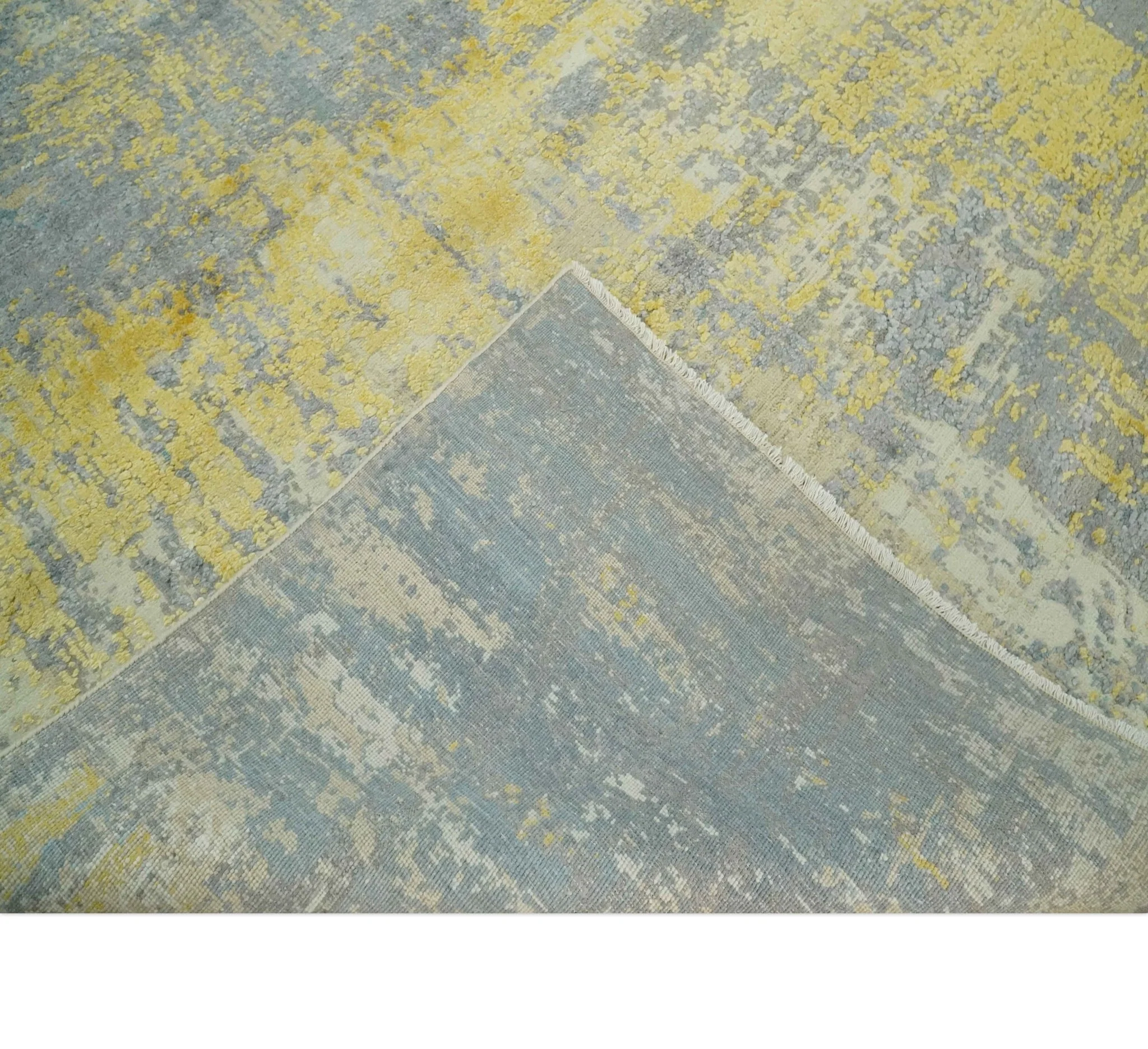 Modern Abstract Mustard, Gray, Teal and Ivory texture Hand Knotted 8x10 wool and Art Silk area rug - Image 7