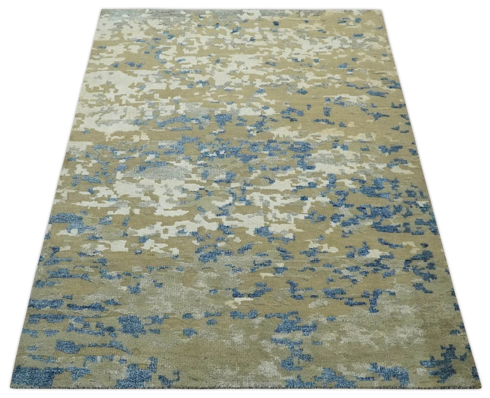 Modern abstract Olive, Ivory, Blue and Silver Hand Knotted 5.6x8 wool Area Rug - Image 10