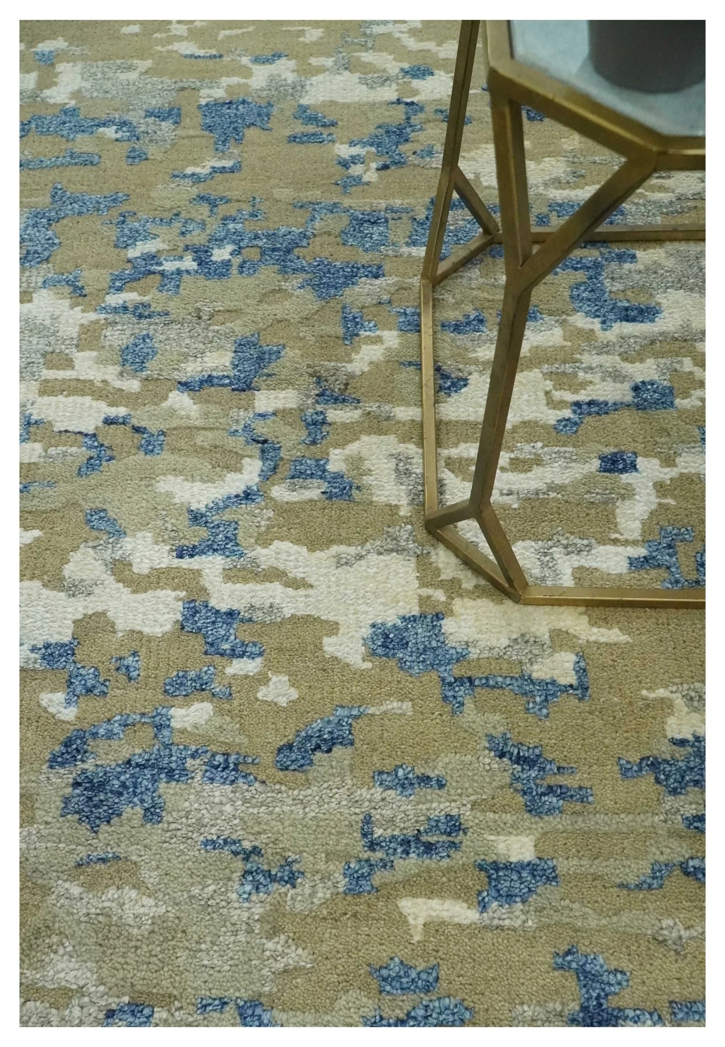 Modern abstract Olive, Ivory, Blue and Silver Hand Knotted 5.6x8 wool Area Rug - Image 2