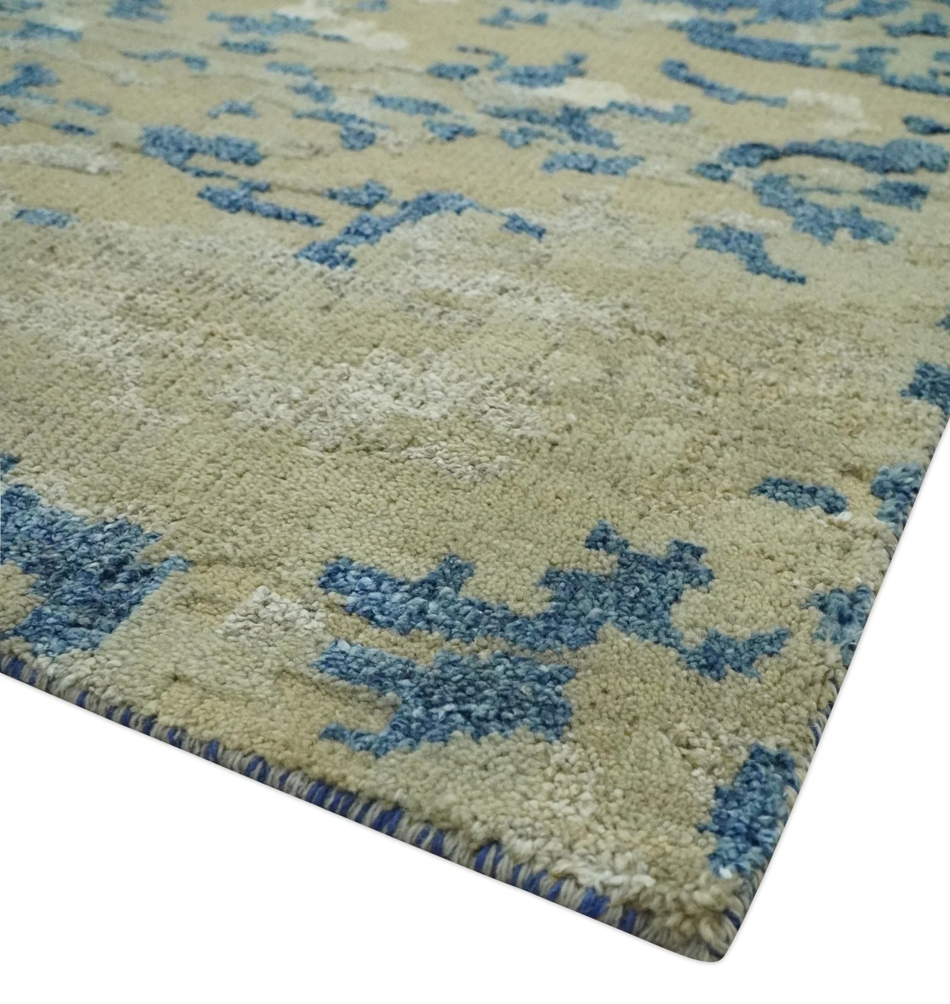 Modern abstract Olive, Ivory, Blue and Silver Hand Knotted 5.6x8 wool Area Rug - Image 5