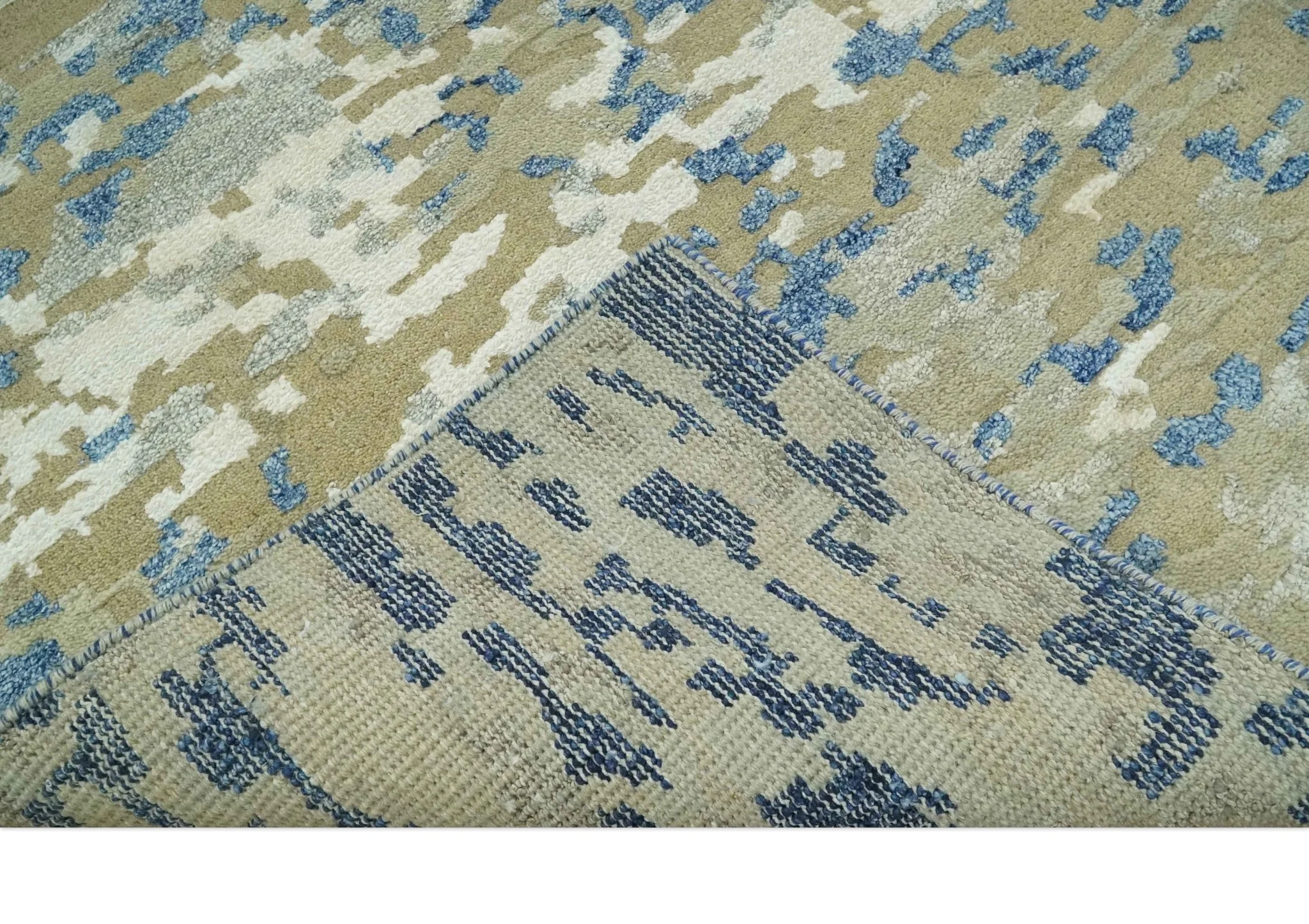 Modern abstract Olive, Ivory, Blue and Silver Hand Knotted 5.6x8 wool Area Rug - Image 7