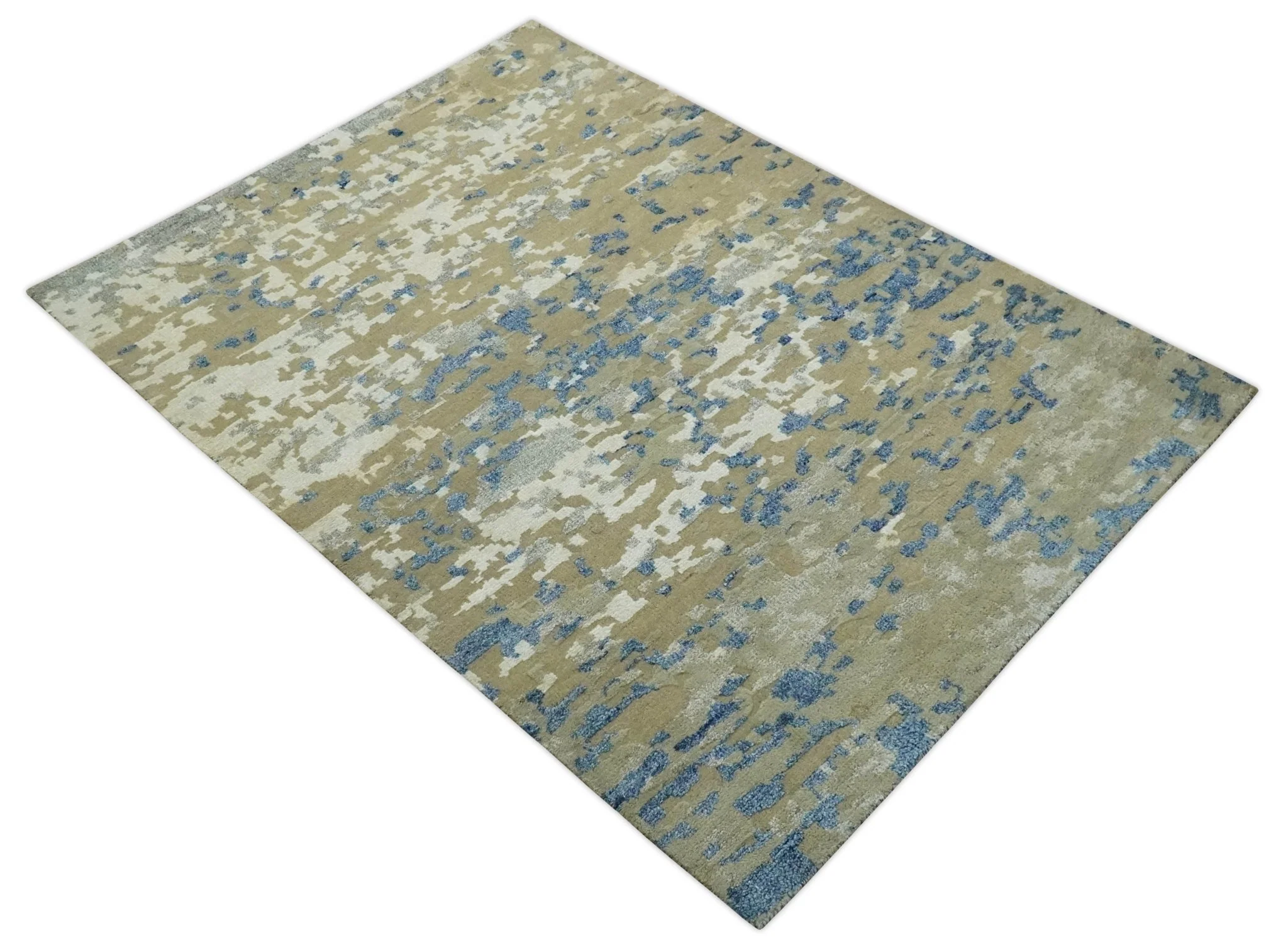 Modern abstract Olive, Ivory, Blue and Silver Hand Knotted 5.6x8 wool Area Rug - Image 9