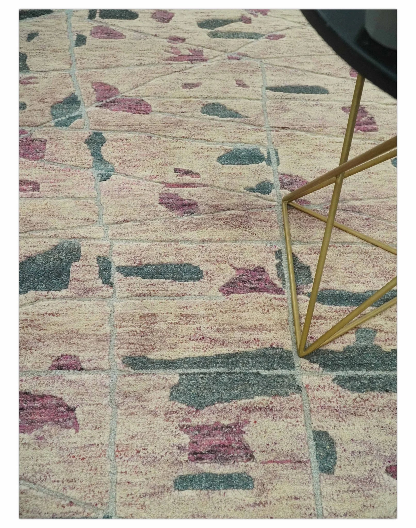 Modern Abstract Pink, Purple, Beige and Green Hand Knotted 5x8 wool Area Rug - Image 3