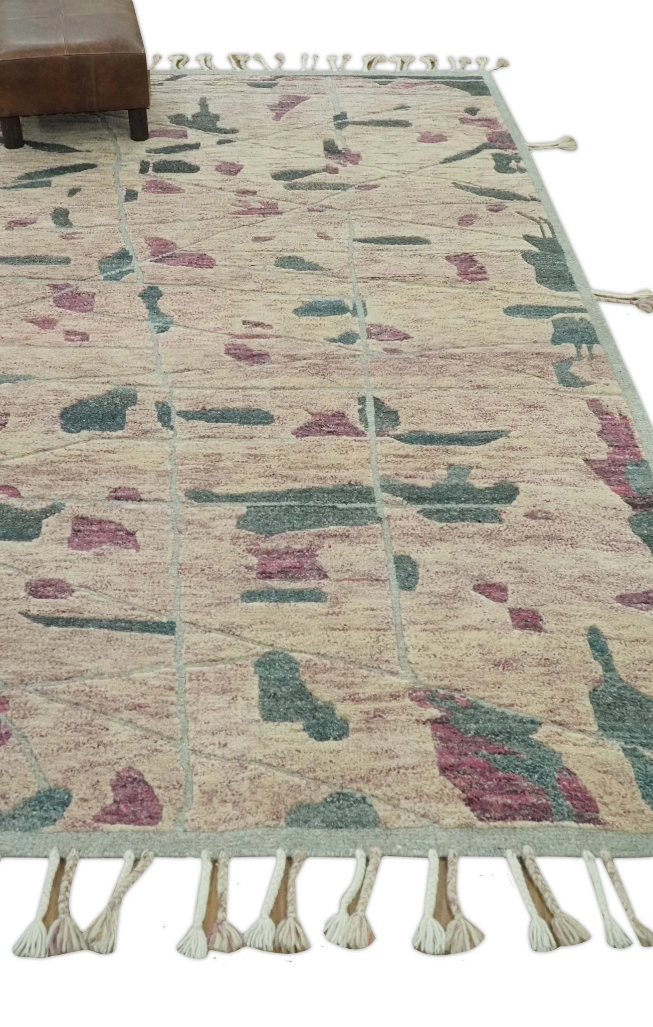 Modern Abstract Pink, Purple, Beige and Green Hand Knotted 5x8 wool Area Rug - Image 4