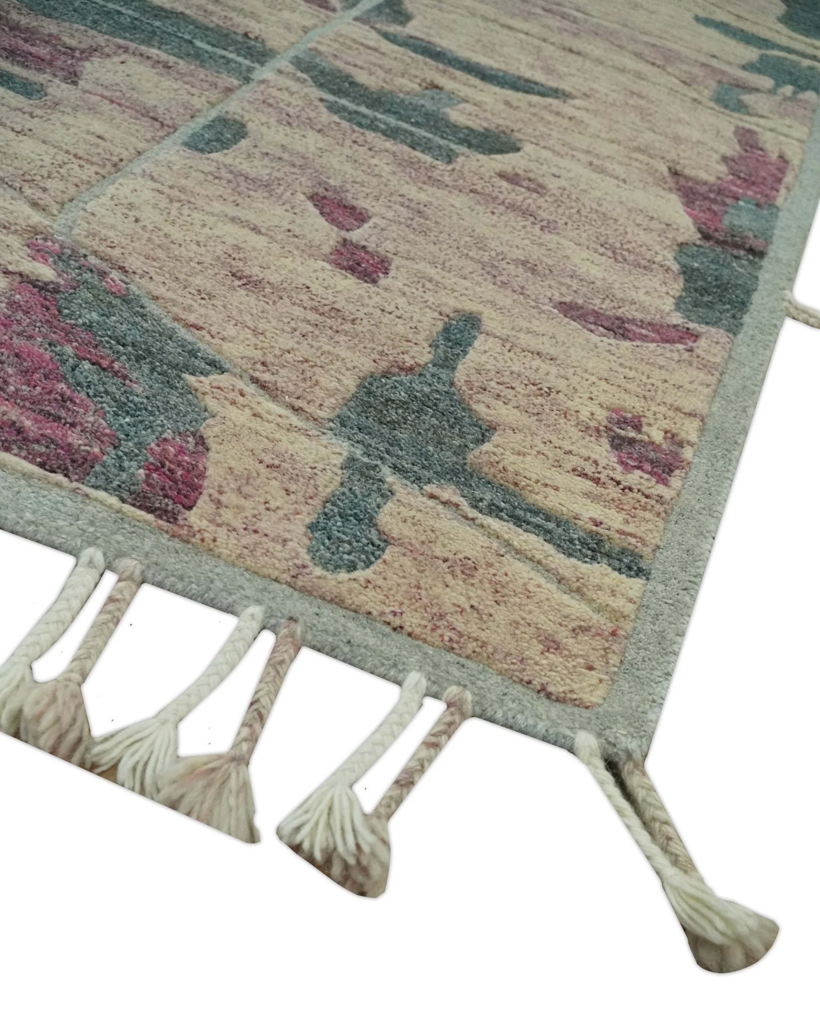 Modern Abstract Pink, Purple, Beige and Green Hand Knotted 5x8 wool Area Rug - Image 6