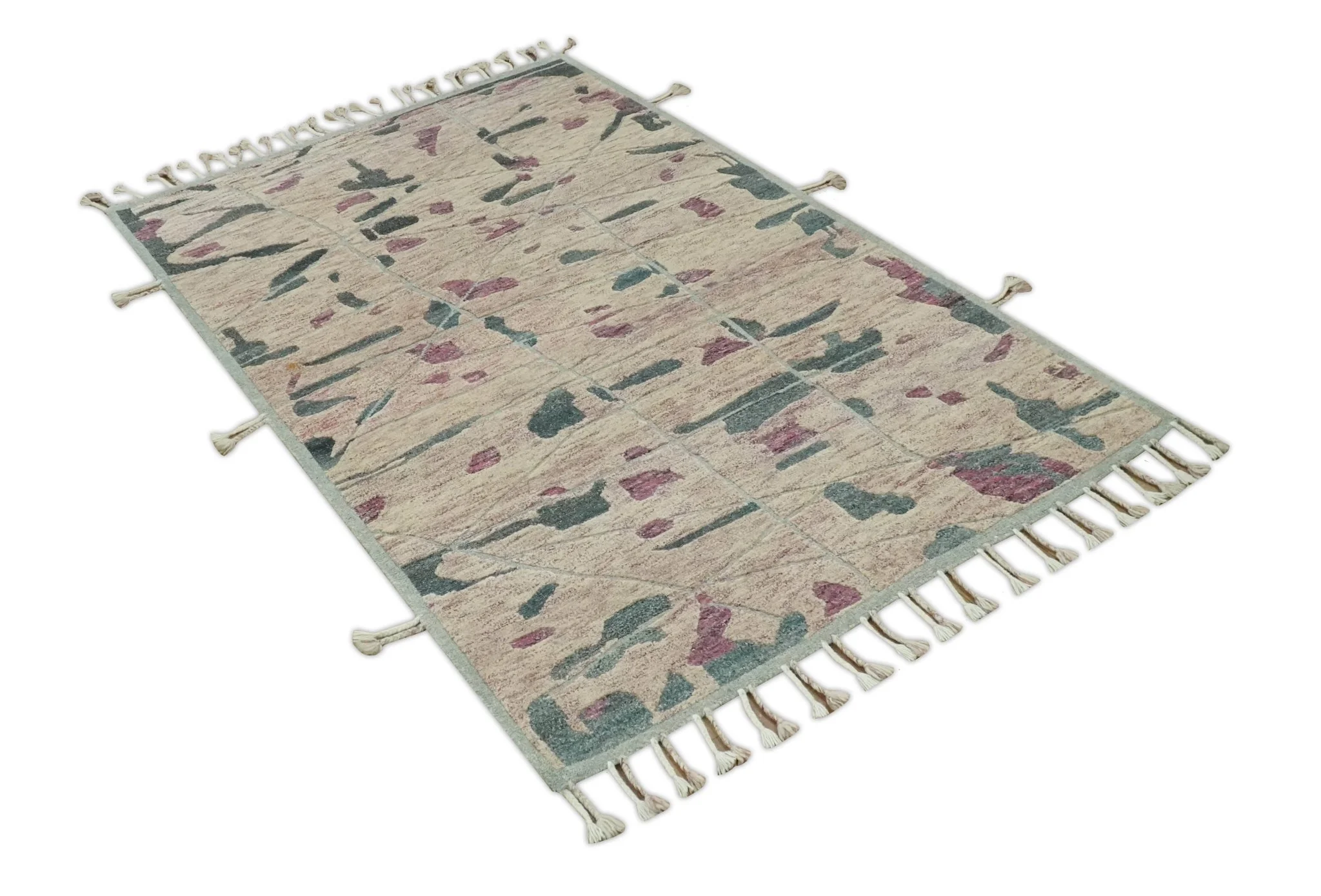 Modern Abstract Pink, Purple, Beige and Green Hand Knotted 5x8 wool Area Rug - Image 9