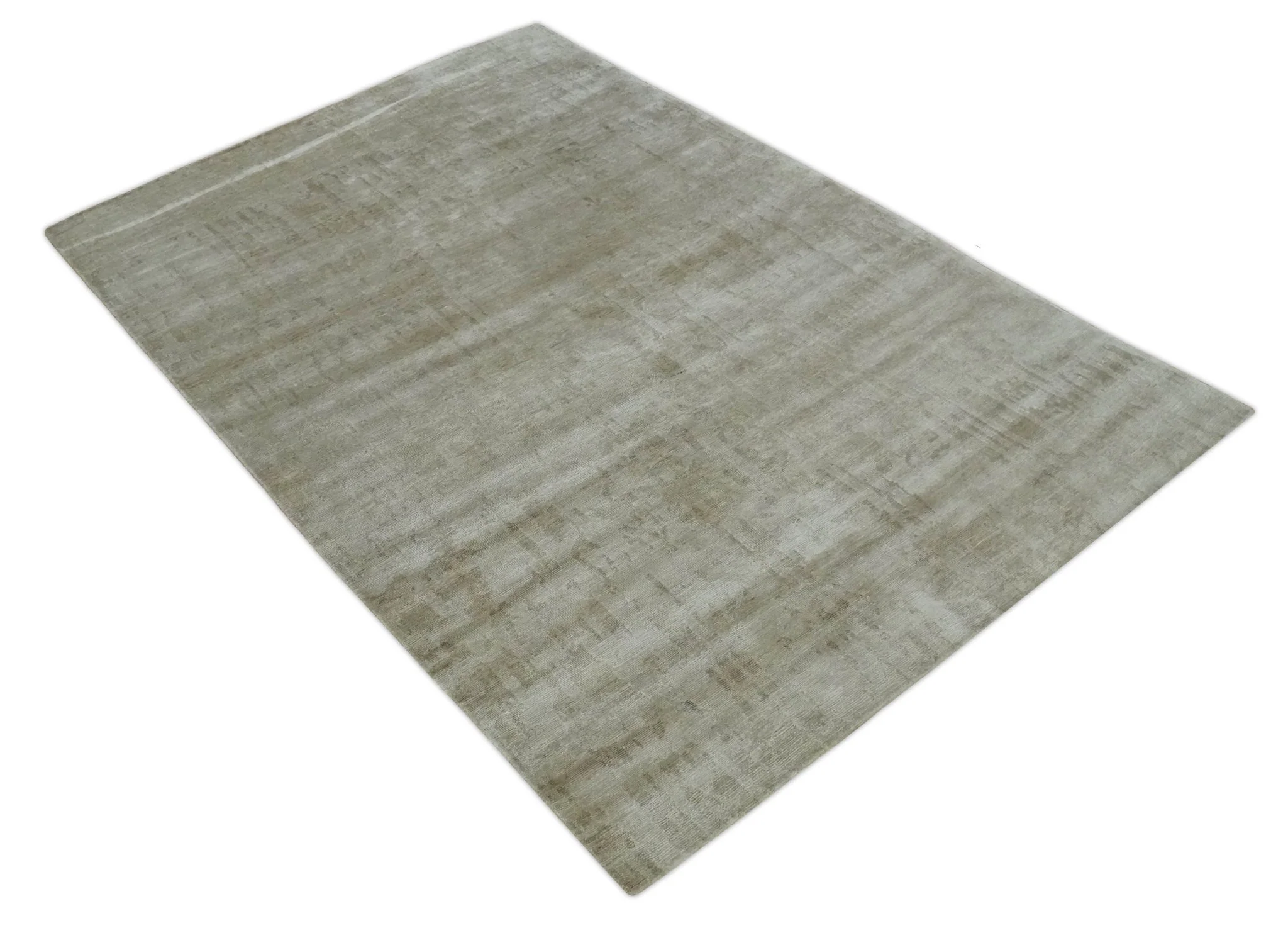 Modern Abstract Silver and Olive Hand knotted 6x9 Bamboo Silk Area Rug - Image 10