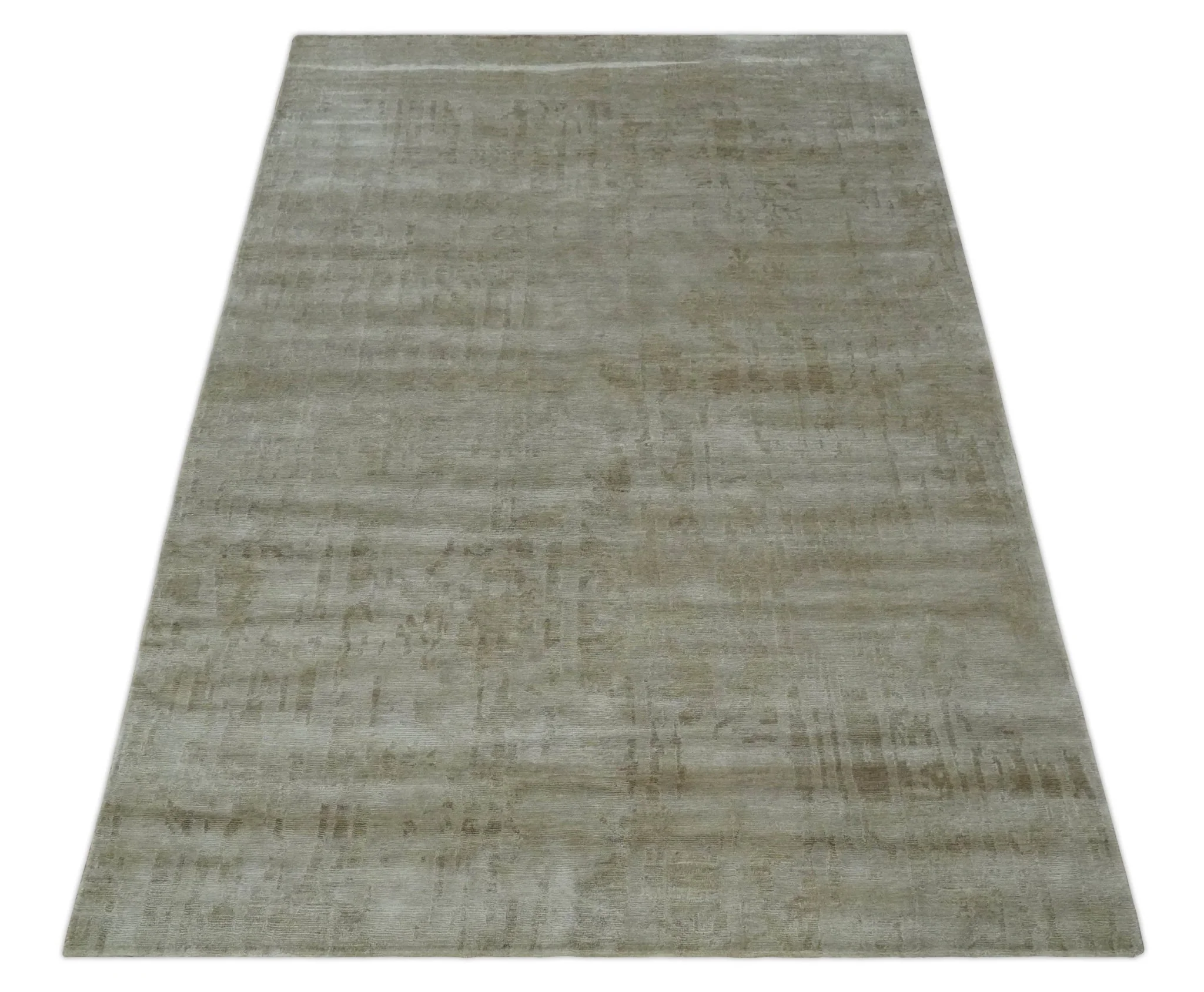Modern Abstract Silver and Olive Hand knotted 6x9 Bamboo Silk Area Rug - Image 11