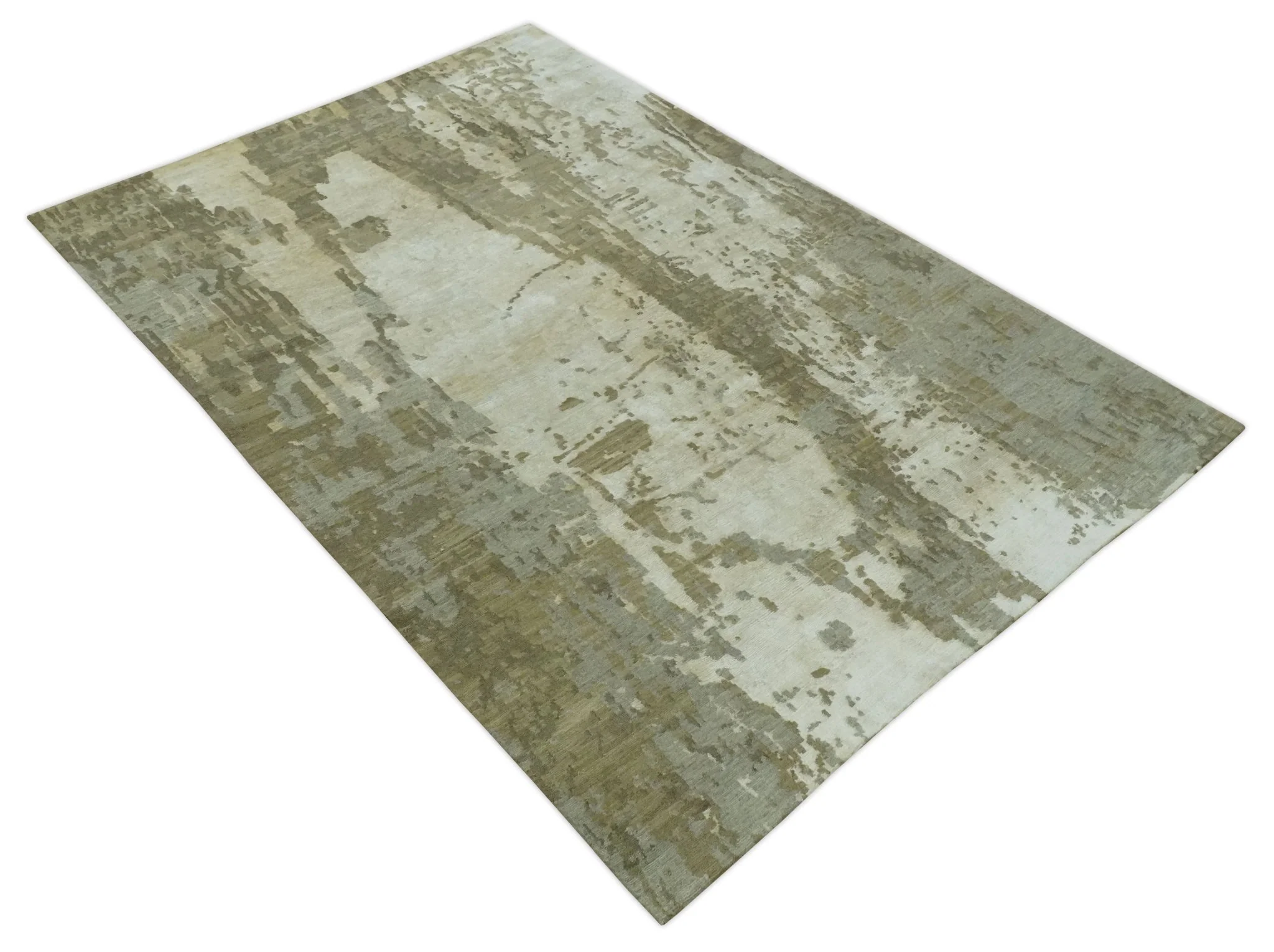 Modern Abstract Silver, Olive and Gray Hand loom 6x9 wool and Viscose Area Rug - Image 9