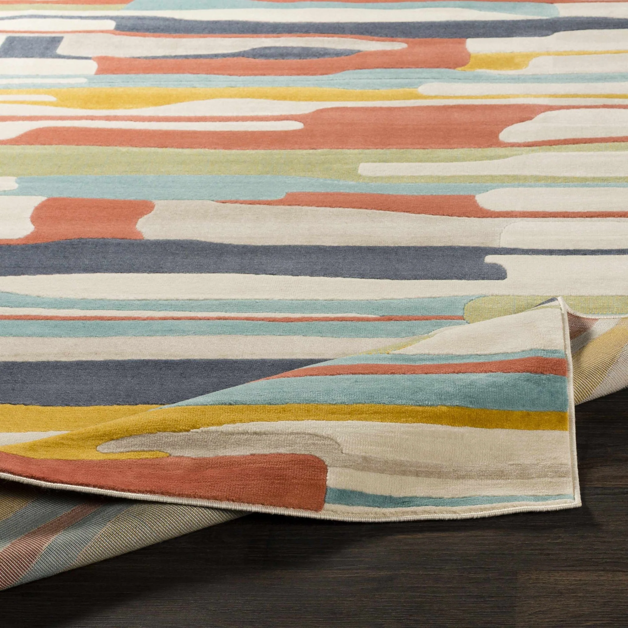 Modern Abstract Stripes Beige, Navy and Red Medium Pile Area Rug, Kids Rug - Image 10