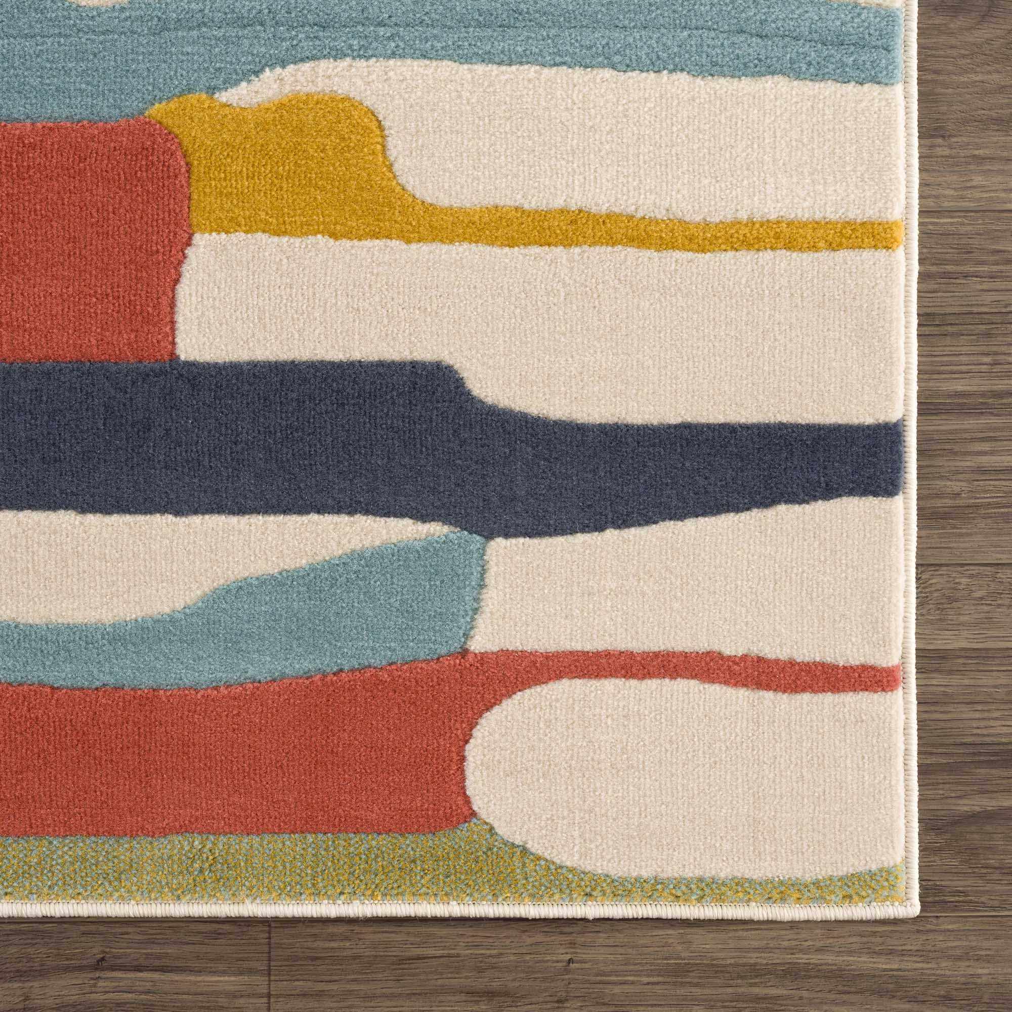 Modern Abstract Stripes Beige, Navy and Red Medium Pile Area Rug, Kids Rug - Image 11