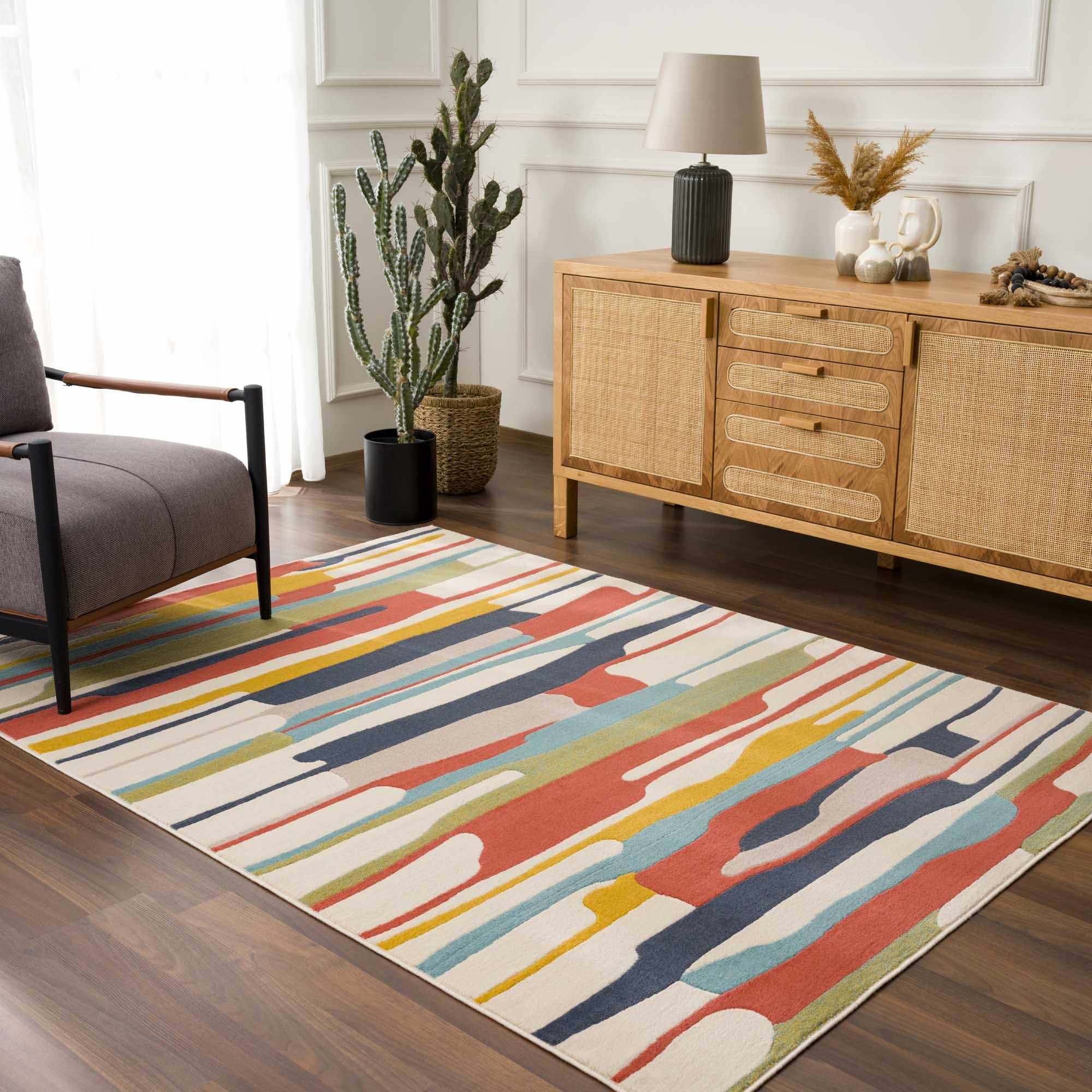 Modern Abstract Stripes Beige, Navy and Red Medium Pile Area Rug, Kids Rug - Image 15