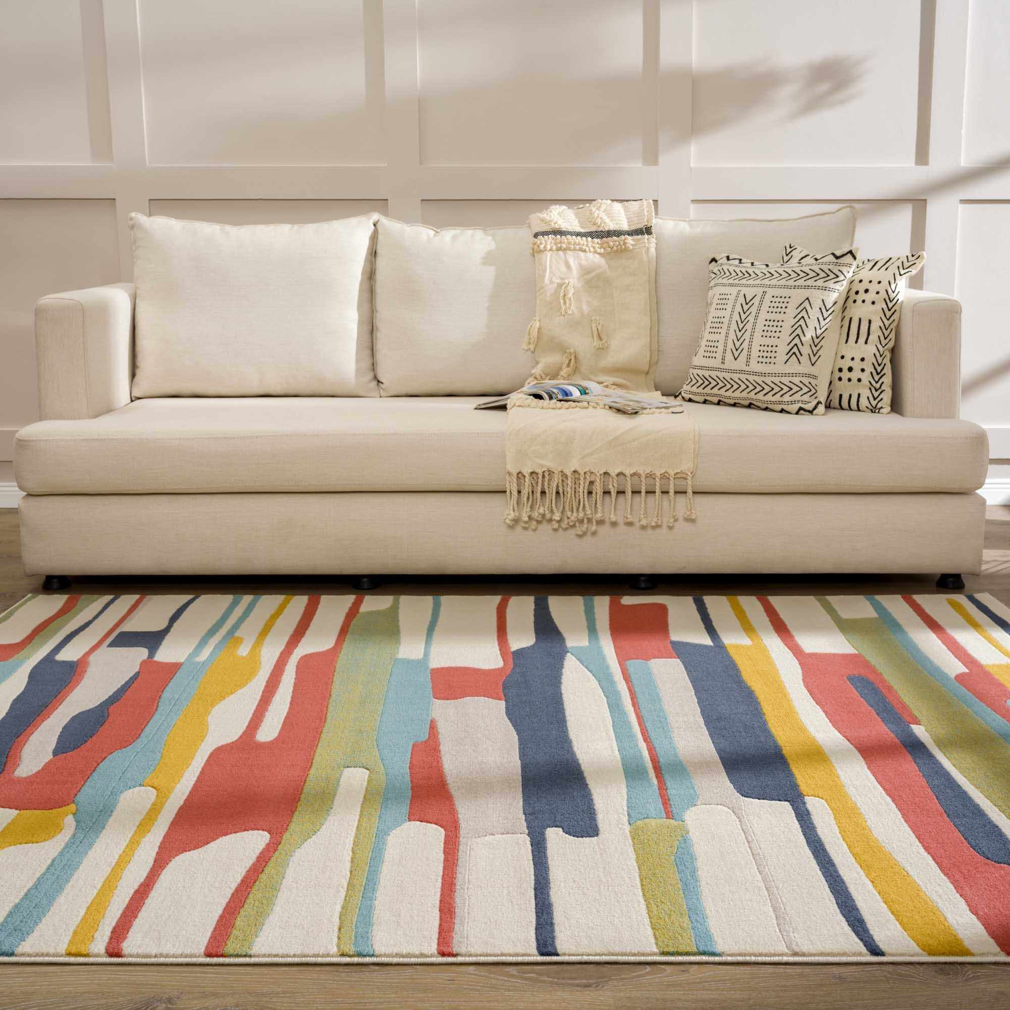 Modern Abstract Stripes Beige, Navy and Red Medium Pile Area Rug, Kids Rug - Image 16